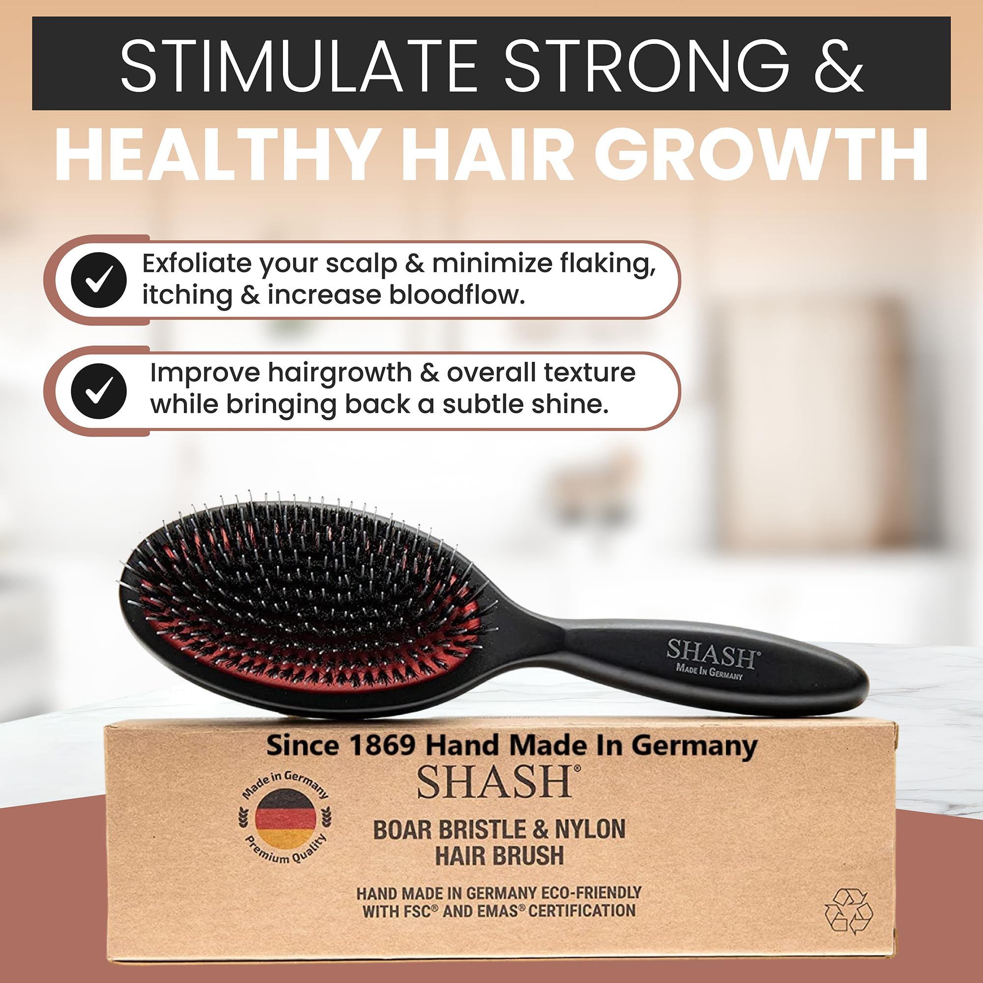 Since 1869 Hand Made In Germany - Nylon Boar Bristle Brush Suitable For Normal to Thick Hair - Gently Detangles, No Pulling or Split Ends - Softens and Improves Texture, Stimulates Scalp (Medium)