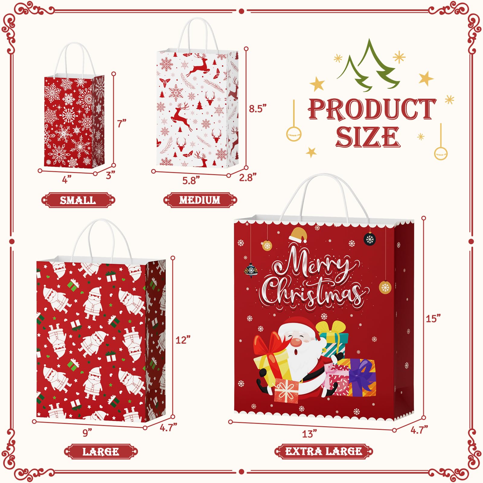 BlessedSeason Christmas Gift Bags 28 Pcs, 12 Designs Christmas Bags for Gifts, Assorted Sizes Holiday Gift Bags for Christmas Presents, Reusable Christmas Gift Bag (7 Jumbo, 7 Large, 7 Medium, 7 Small)