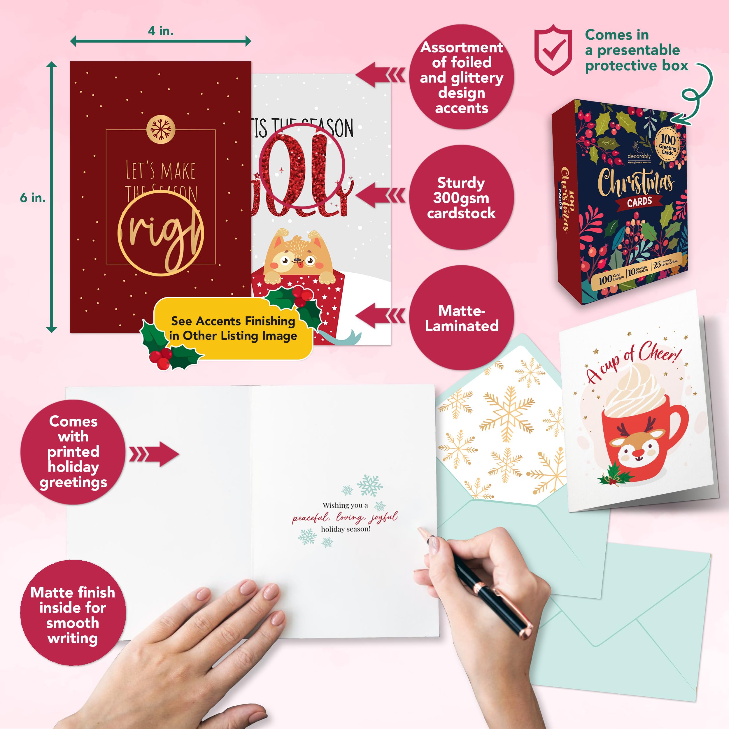 Decorably 100 Pack Boxed Assorted Christmas Cards with Envelopes & Stickers, 100 Unique Designs with Printed Message Bulk Christmas Cards Bulk, 6x4in Bulk Christmas Cards with Envelopes Bulk