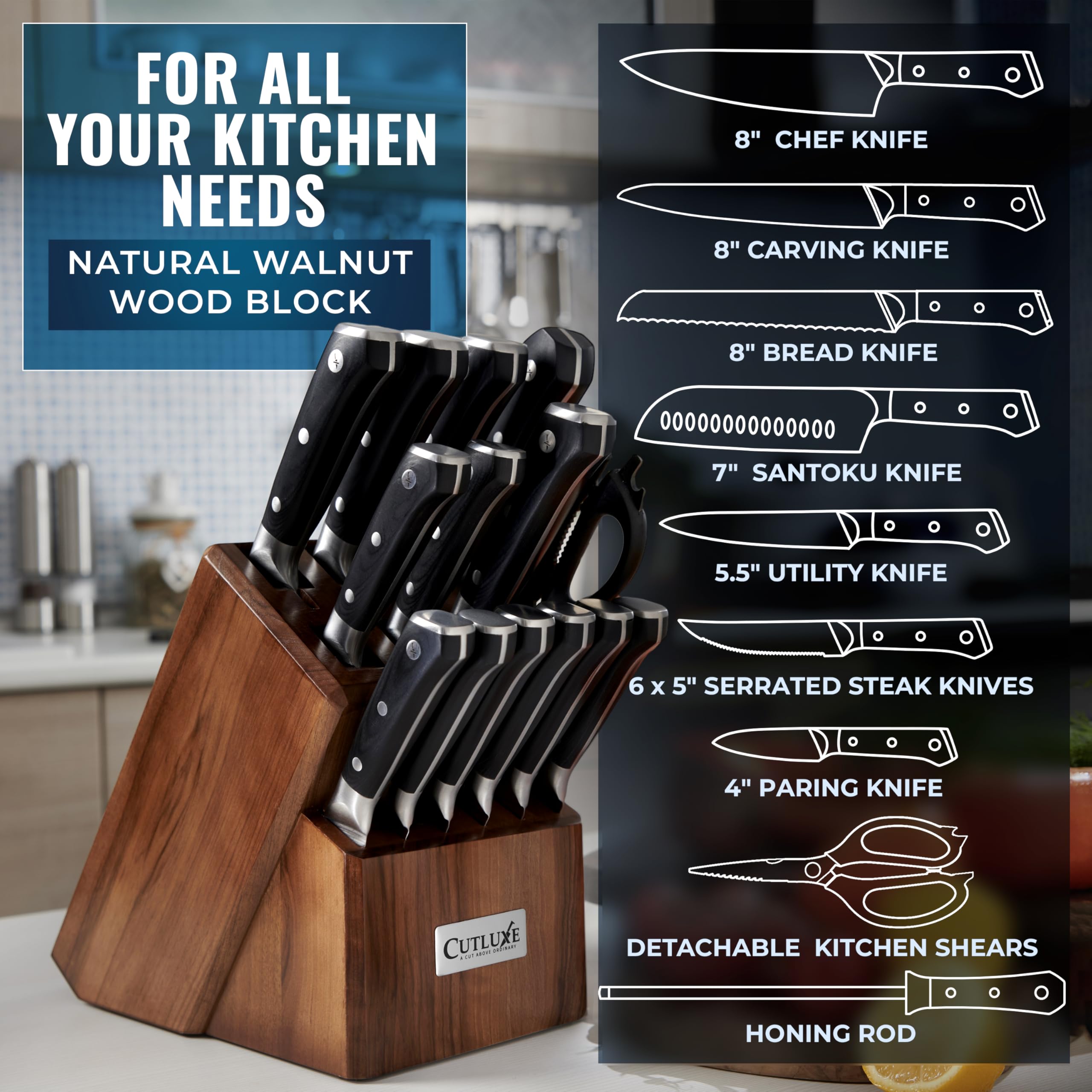 Cutluxe 15-Piece Knife Block Set – Kitchen Knife Set, Professional Chef Knife Set with Block, Ultra Sharp High Carbon German Stainless Steel, Full Tang, Walnut Wood Block – Artisan Series