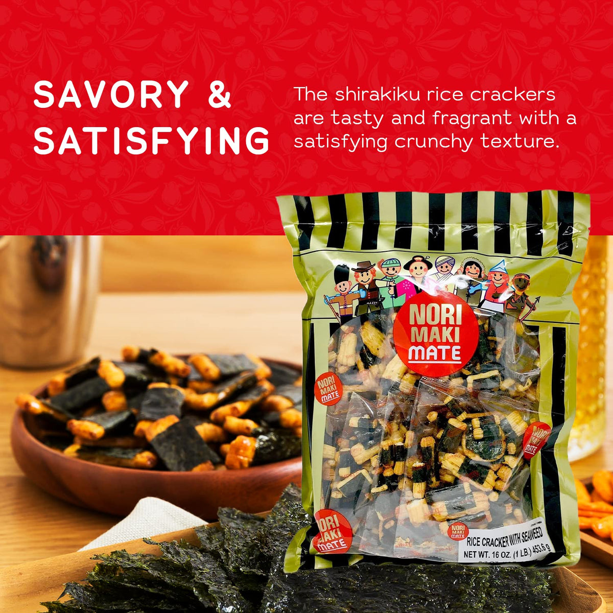 Shirakiku Norimaki Arare Mate - Crispy Japanese Rice Cracker | Glutinous Rice, Soy Sauce and Seaweed | Low Carb Rice Cracker Snacks, Seaweed Flavor 16 Oz - (Pack of 1)