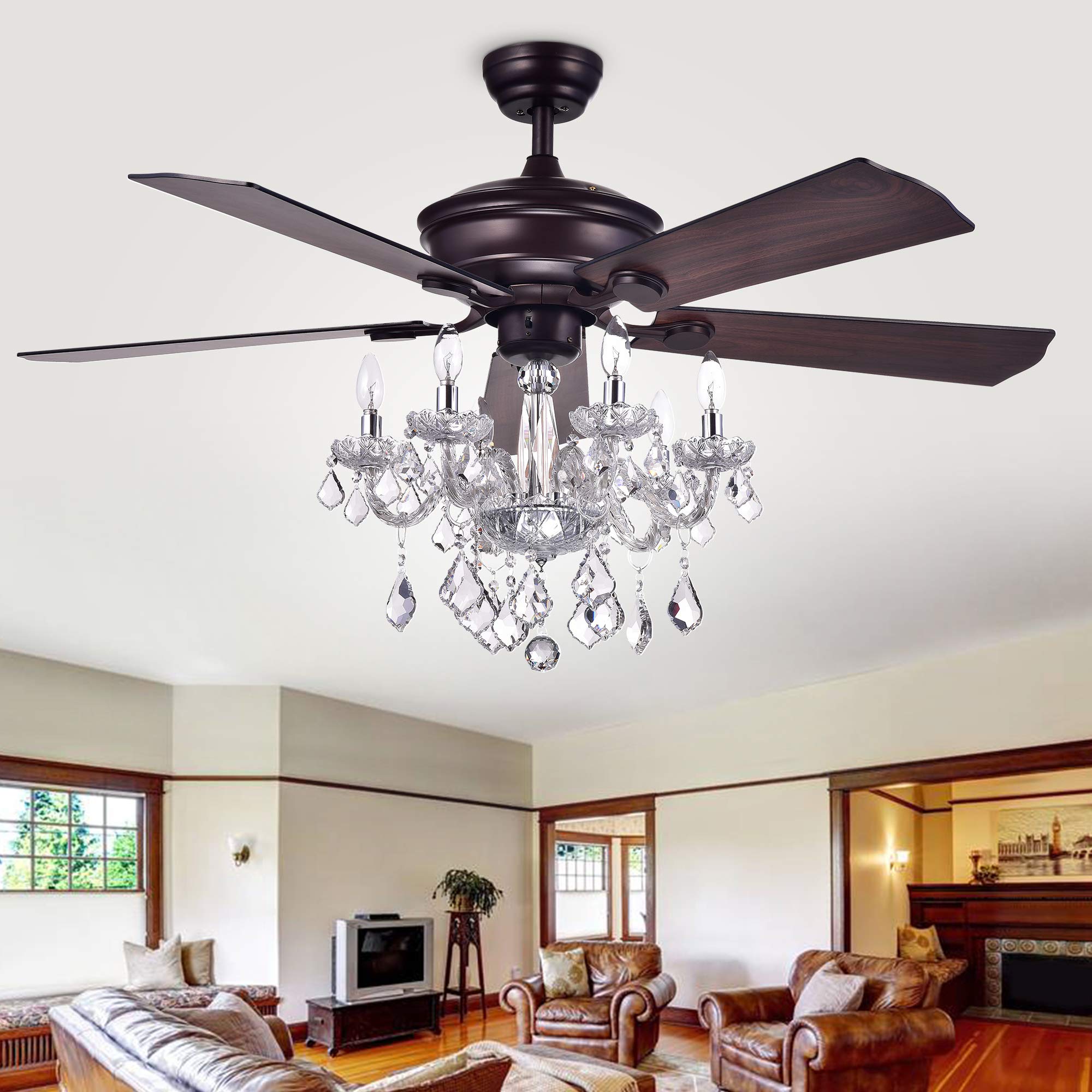 Warehouse of Tiffany CFL-8213REMO/AB Havorand 52-inch 5-Blade Crystal Chandelier (Optional Remote) Ceiling Fan, One Size, Antique Bronze