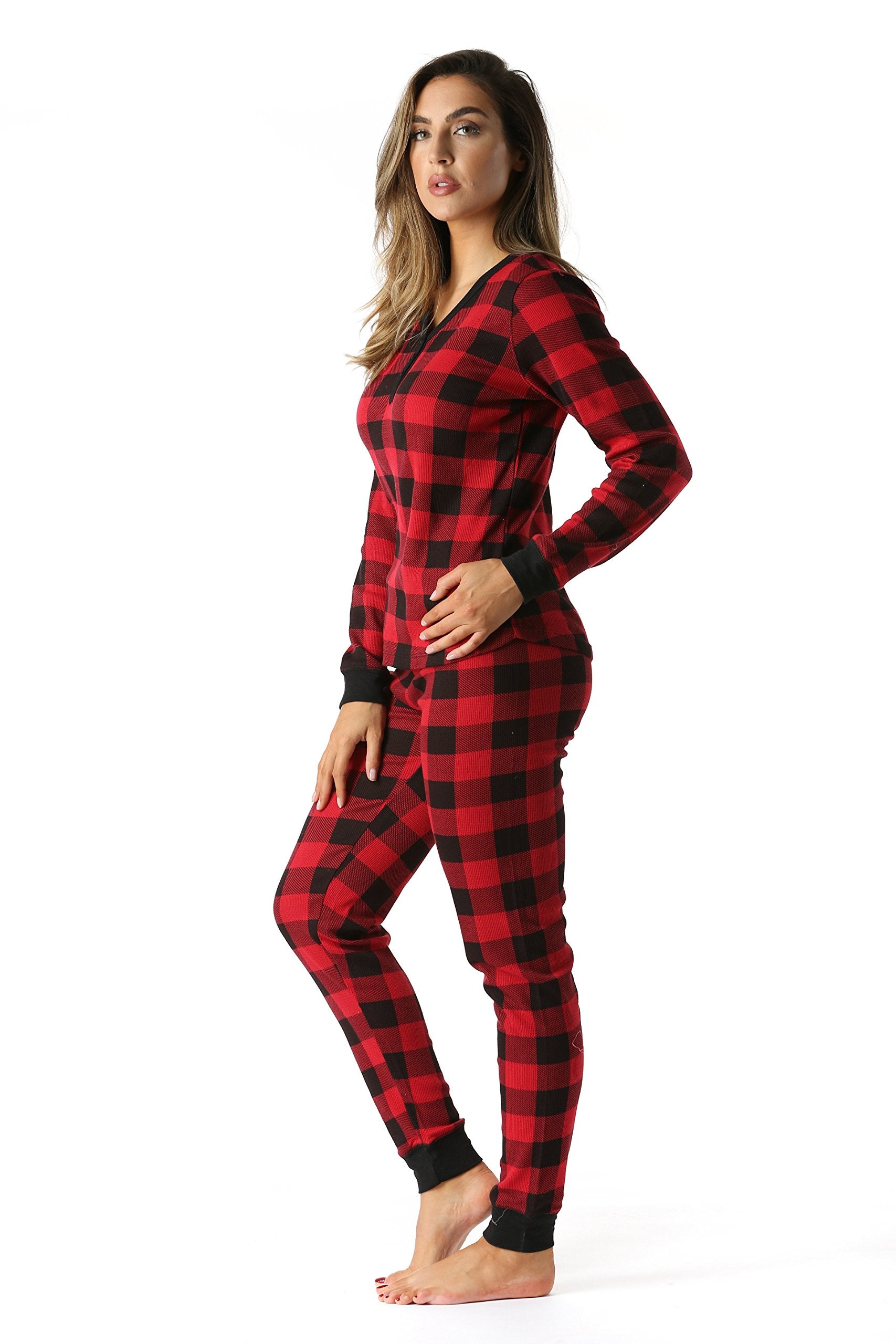 #followme Buffalo Plaid 2 Piece Base Layer Thermal Underwear Set for Women 6372-10195-NEW-RED-M