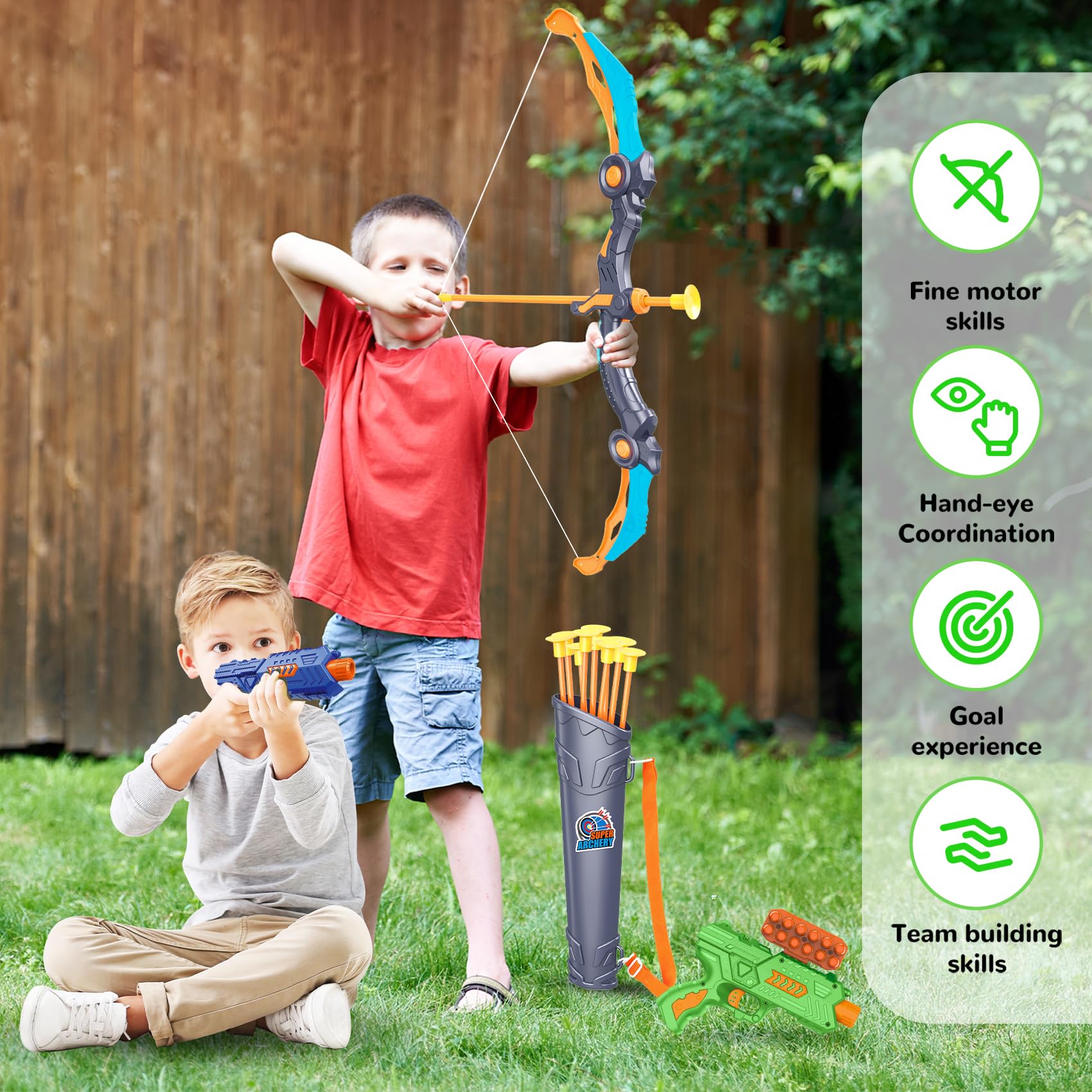 Bow and Arrow for 5 6 7 8 9 10 11+ Year Old Boys, Birthday Gift for Kids, Indoor Outdoor Activity Toys, 2 Pack LED Light Up Archery Toy with 20 Suction Cup Arrows, Standing Target, 2 Quiver