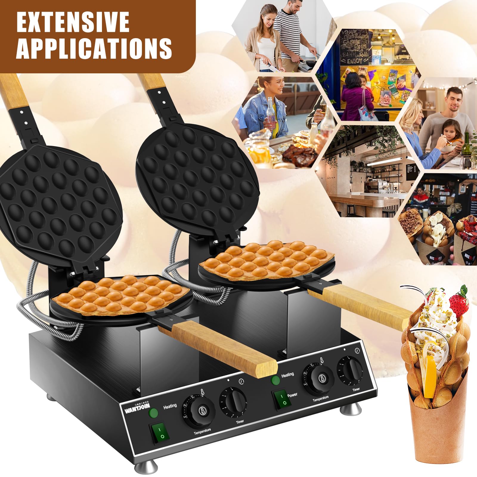 PYY Double Bubble Waffle Maker Commercial Waffle Maker Non-stick Hong Kong Egg Waffle Maker for Home Use Stainless Steel Pancake Maker 180° rotate