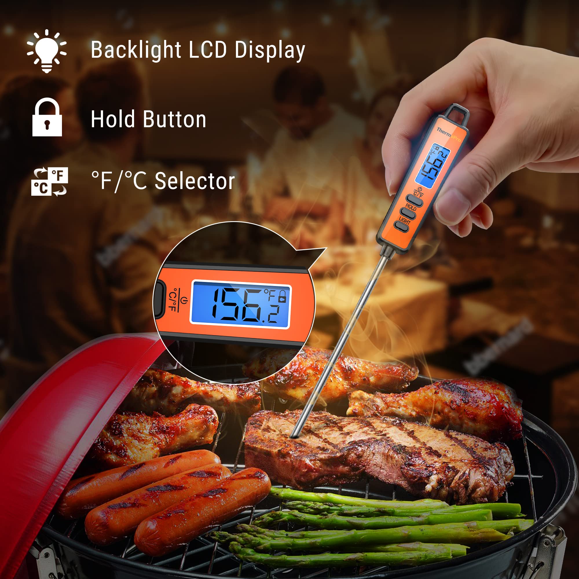 ThermoPro TP01A Digital Meat Thermometer for Cooking Candle Liquid Deep Frying Oil Candy, Kitchen Food Instant Read Thermometer with Super Long Probe, Backlit, Lock Function