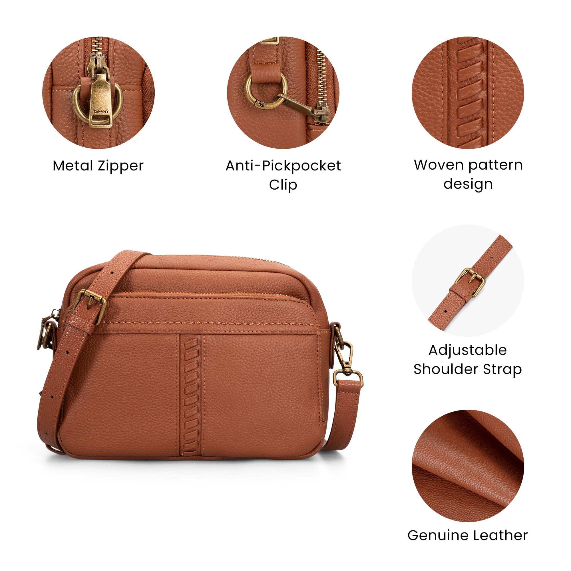 befen Rfid Crossbody Bags for Women Geniune Leather, Women's Small Anti Theft Cross Body Purse Lightweight Multi Pockets Purses Handbag - Brown