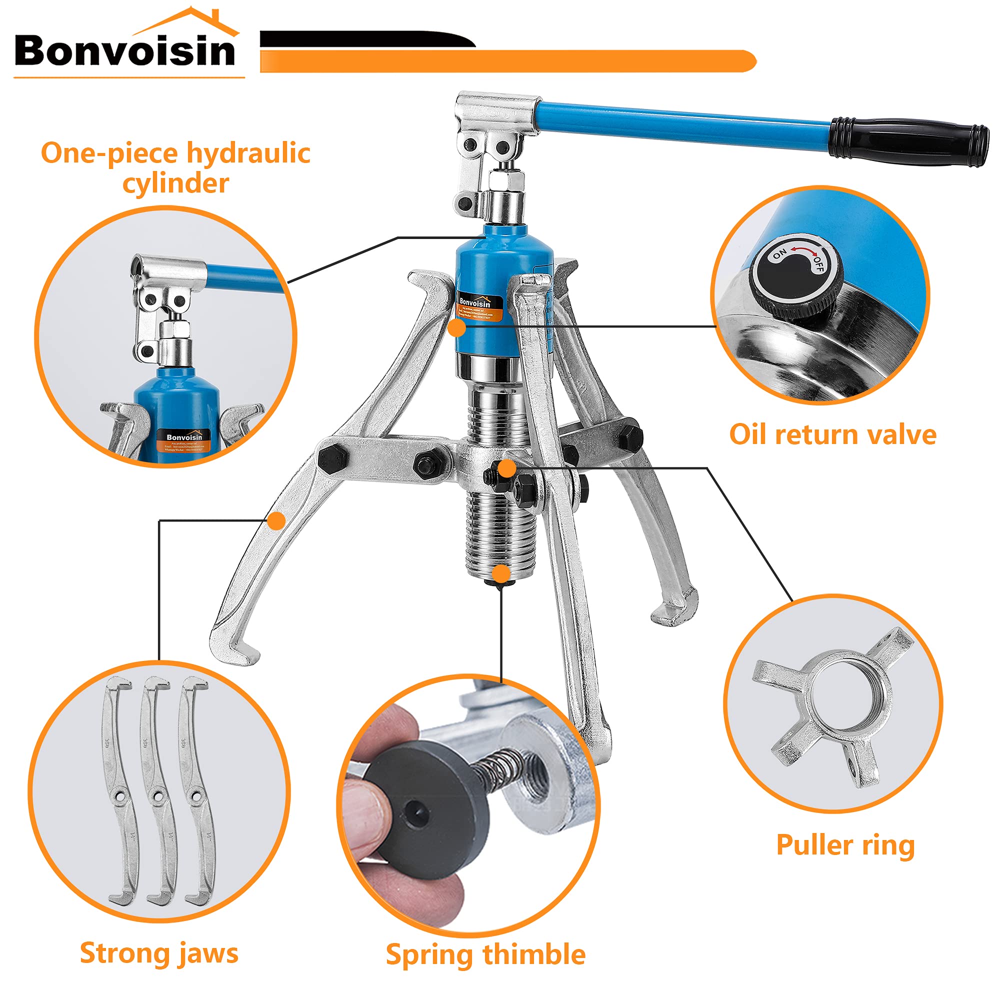 Bonvoisin 20T Hydraulic Gear Puller Set Wheel Bearing Puller Kit 2 or 3 Jaws Pulling Separator for Wheel Hubs Rotors Car Axles Pulleys Brake Drums