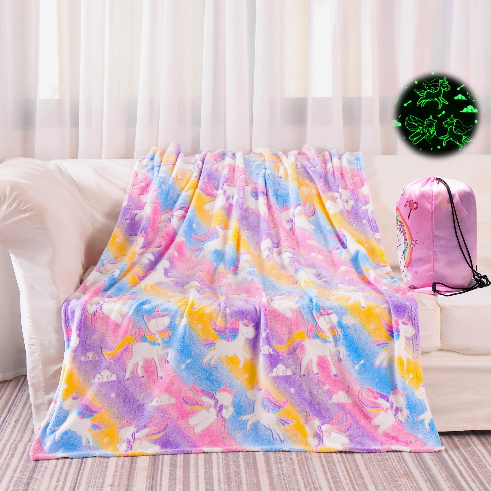 YJLMLY Glow in The Dark Unicorn Blanket, Unicorn Gifts Toys for Girls, Soft Pink Girls Blanket for 2 3 4 5 6 7 8 9 10 Year Old Girl Birthday Christmas Valentine Gifts Ideas, 50''x60''