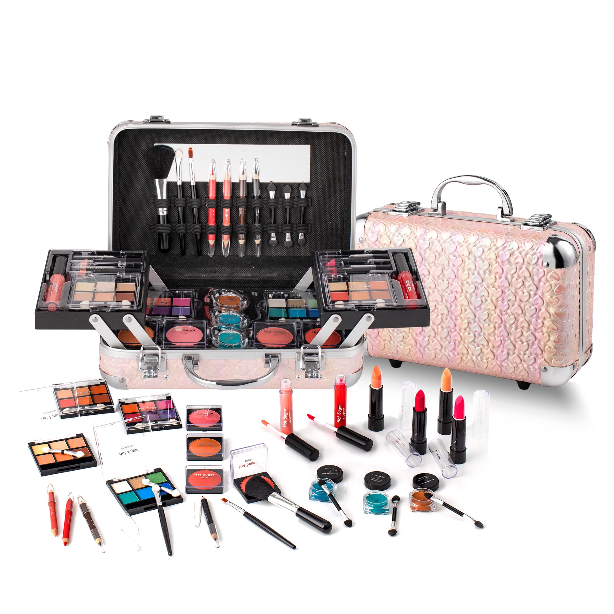 Hot Sugar All In One Makeup Set for Teen Girls - Full Makeup Kit for Beginners With Eye Shadow Palette, Blush, Lip Gloss, Brush, Mirror (Pink Heart)