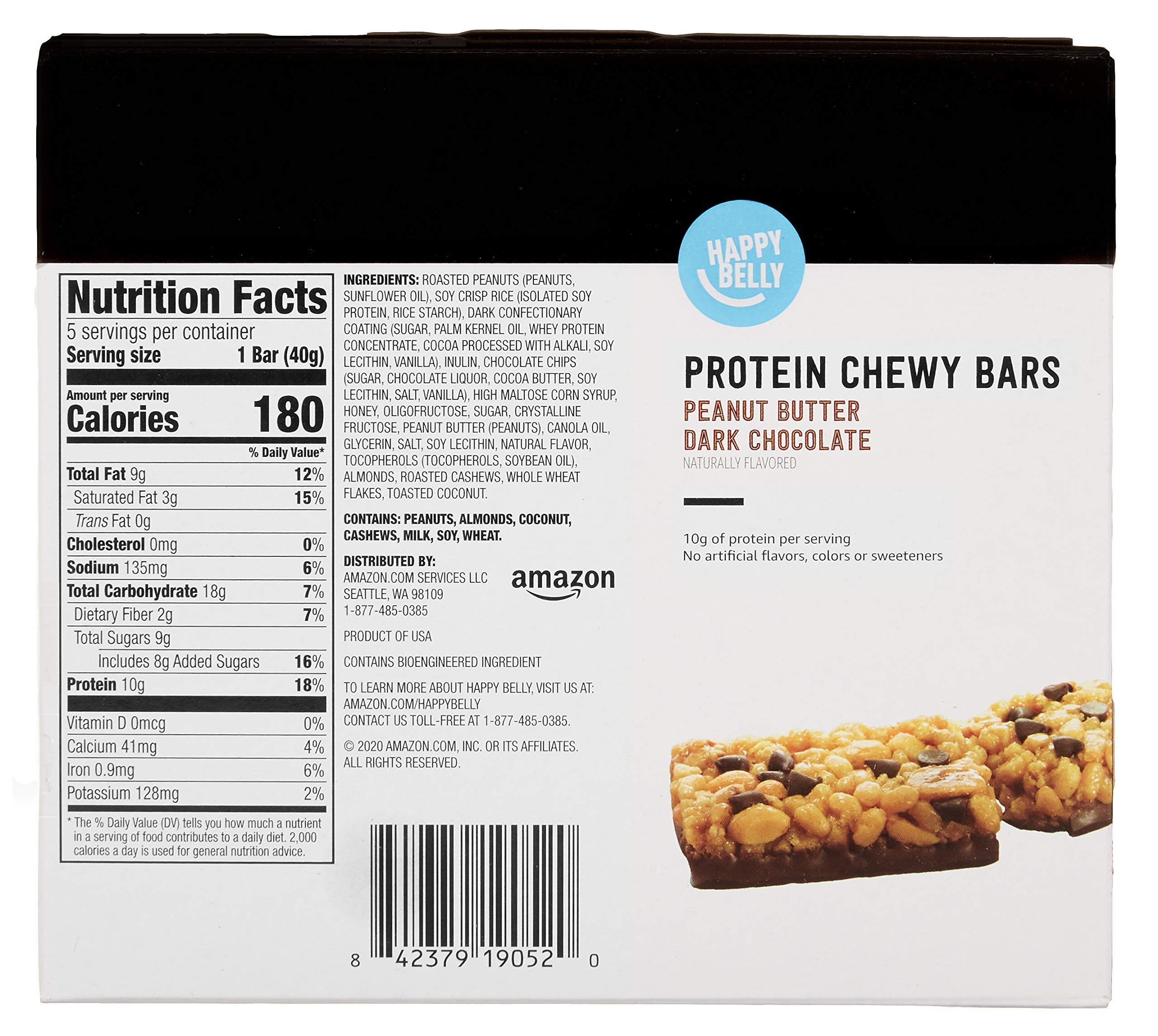 Amazon Brand - Happy Belly Protein Chewy Bars, Peanut, Almond and Dark Chocolate, 5 Count (Pack of 6)
