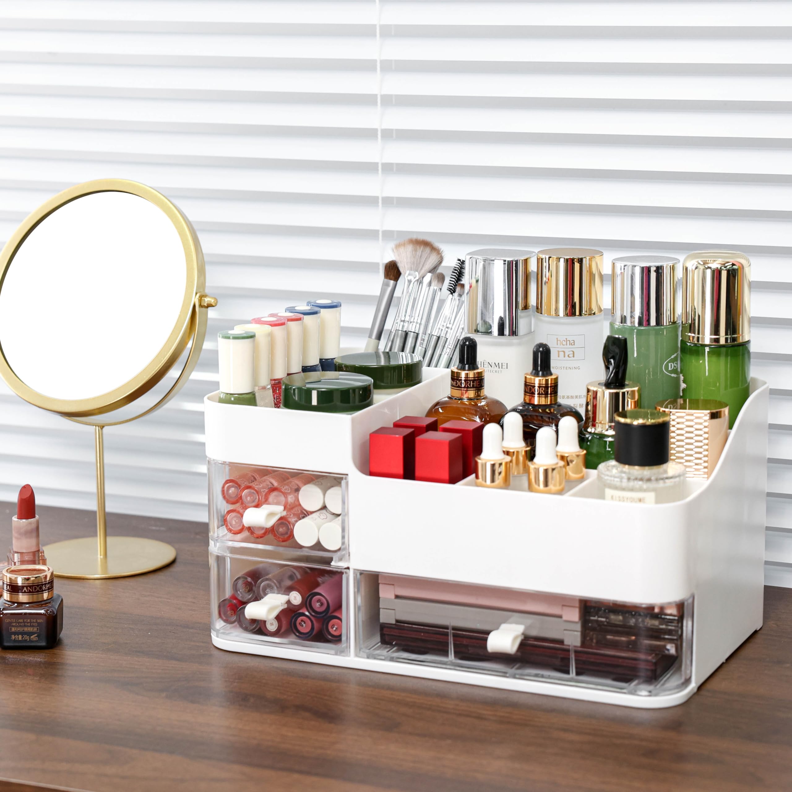 White Makeup Organizer With 3 Drawers,Large Capacity Plastic Cosmetic Storage Organizer for Dresser and Vanity,Ideal for Beauty,Perfume,Brushes,Skincare Bathroom Organizers and Storage Counter