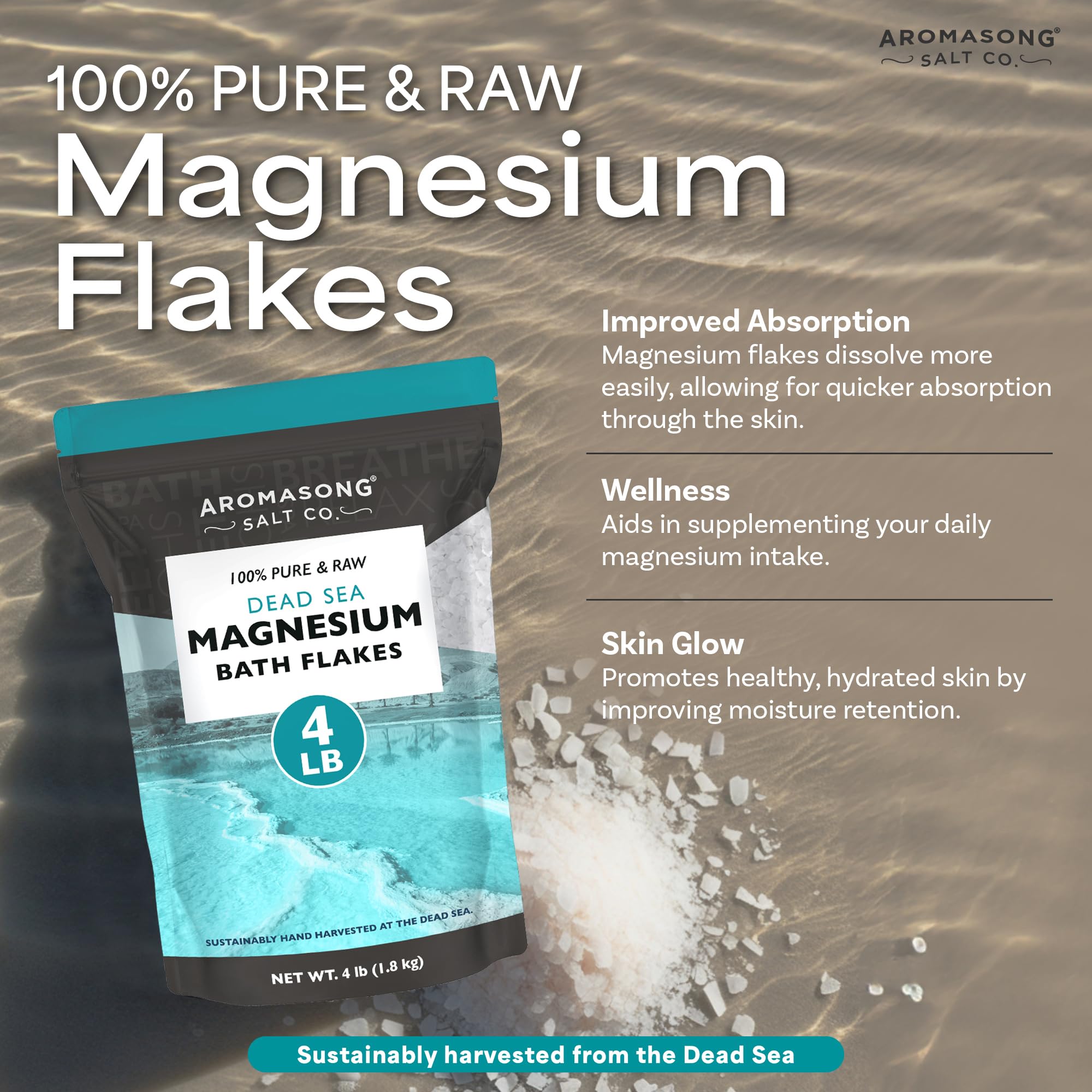 Aromasong Magnesium Flakes for Bath from The Dead Sea- 4 LB Resealable Pack Magnesium Chloride Flakes -Organic Bath Salt Relaxing Mineral Soak (Packaging May Vary)