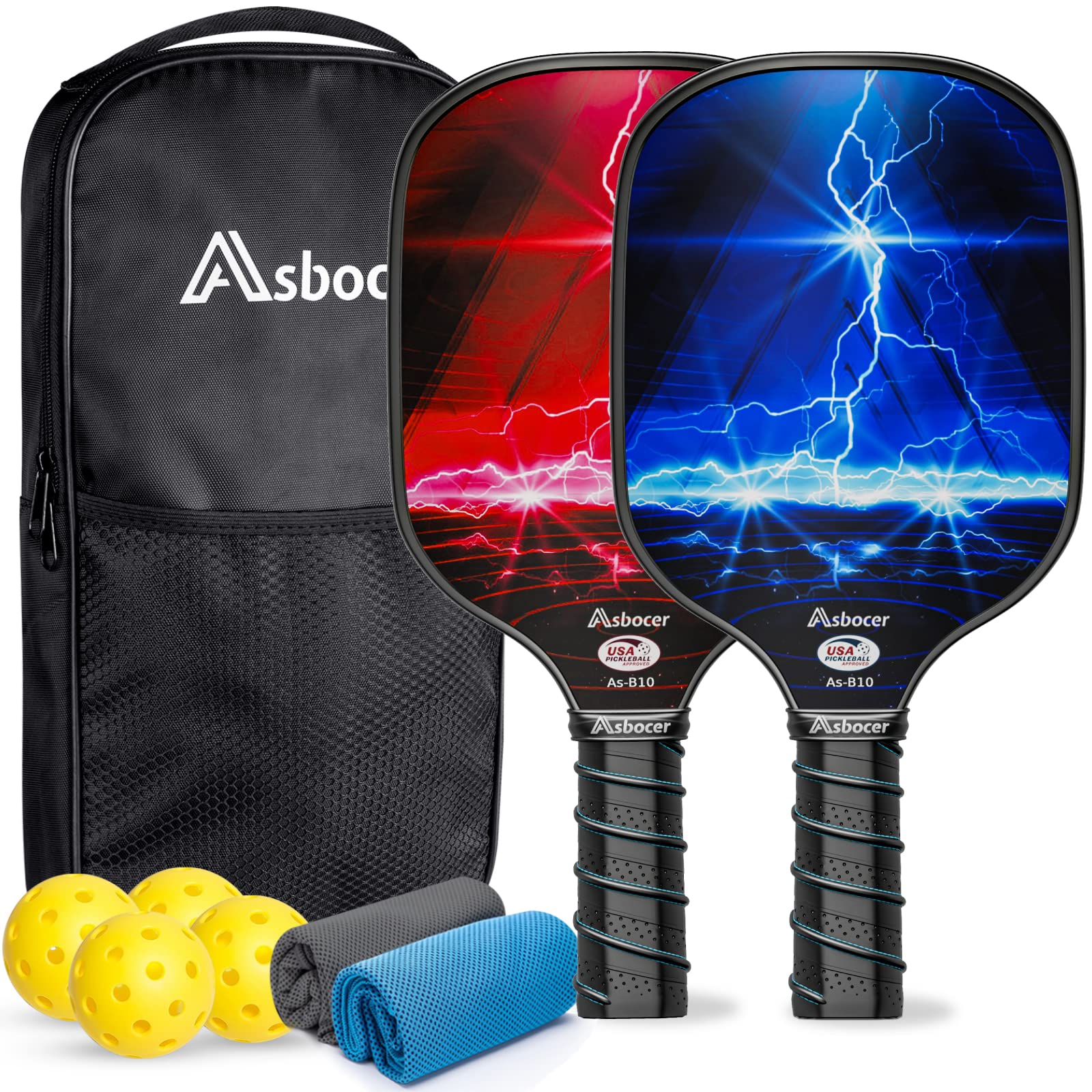 Asbocer Pickleball Paddles, USAPA Approved Pickleball Paddles Set of 2, Fiberglass Surface Pickleball Set, 4 Pickleball Balls, 2 Cooling Towels, Pickleball Bag, Pickleball Paddle Gifts for Men Women