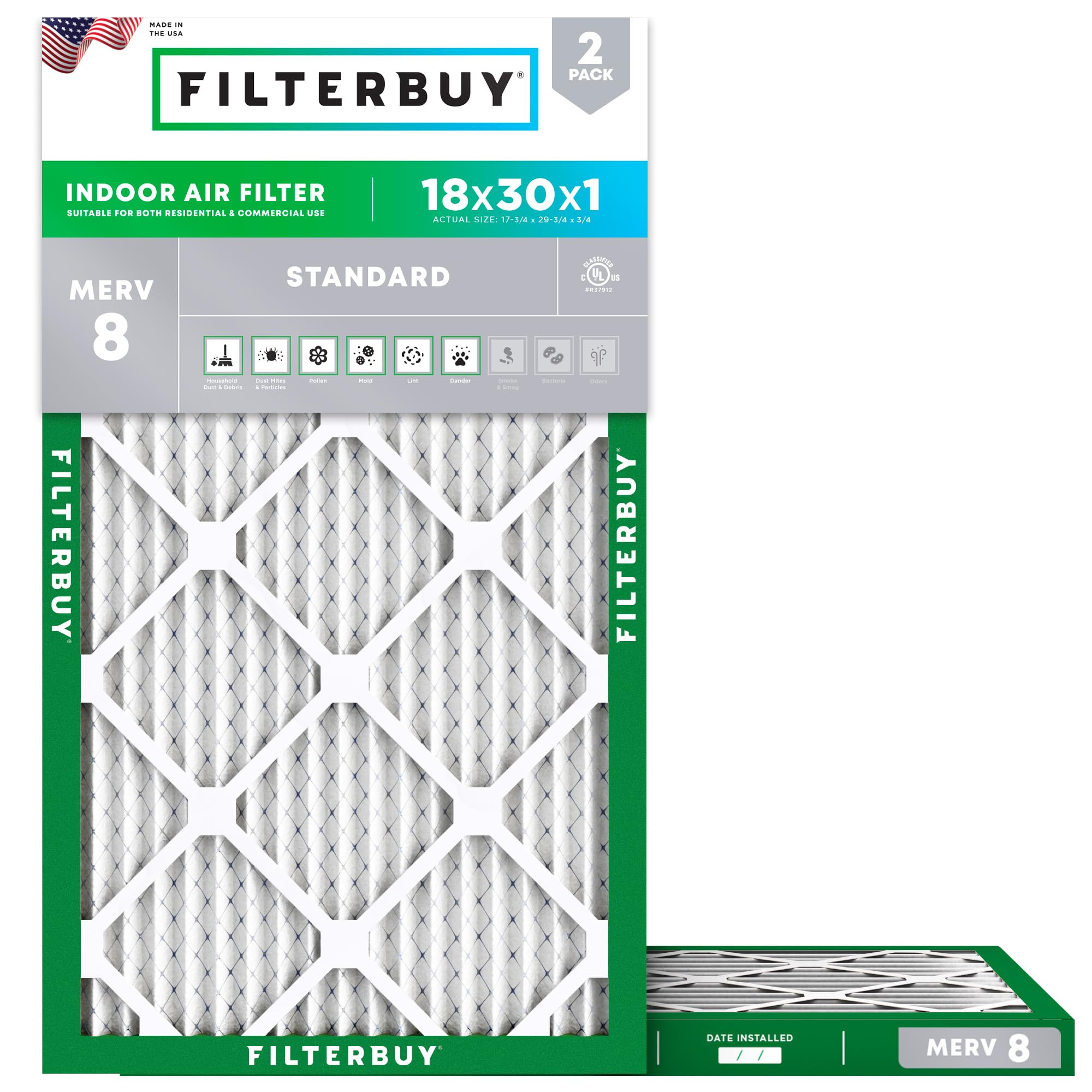 Filterbuy 18x30x1 Air Filter MERV 8 Dust Defense (2-Pack), Pleated HVAC AC Furnace Air Filters Replacement (Actual Size: 17.75 x 29.75 x 0.75 Inches)