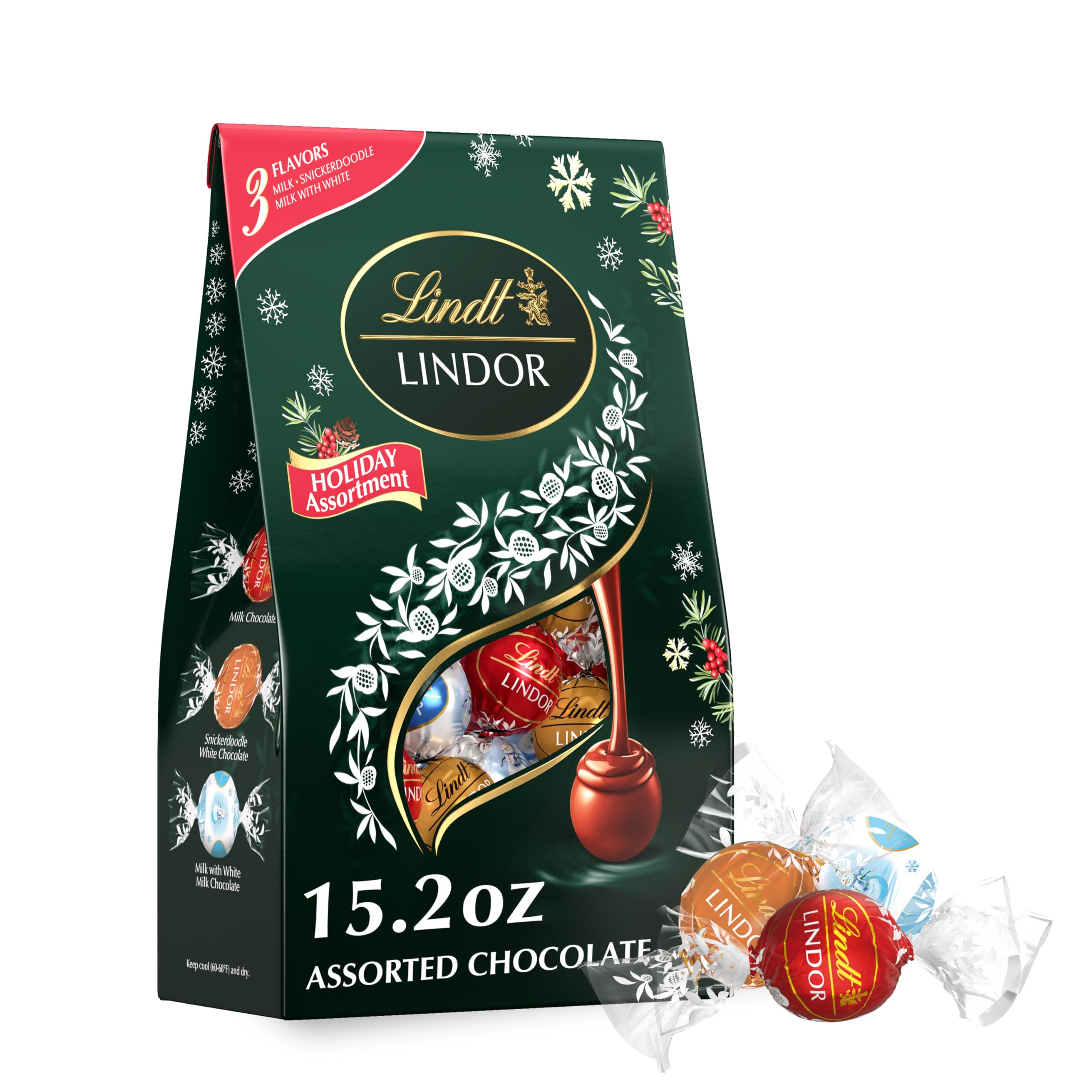 Lindt LINDOR Holiday Assorted Chocolate Candy Truffles with Smooth, Melting Truffle Center, 15.2 oz. Bag