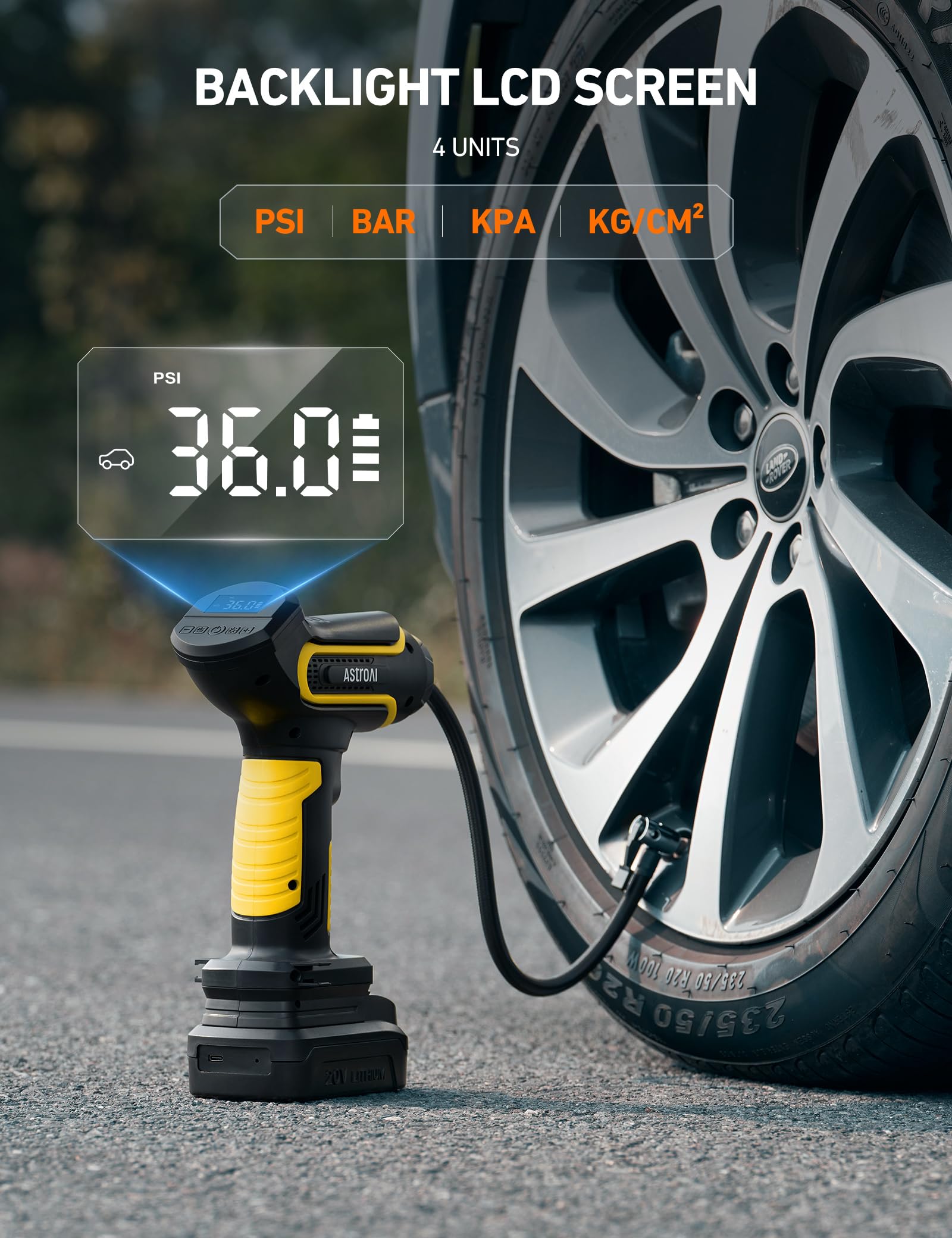 AstroAI Tire Inflator Air Compressor Cordless Car Tire Pump with 20V Rechargeable Li-ion Battery 150 PSI Portable Handheld Air Pump with 12 V Car Power Adapter for Cars Motorcycles LS40791（C1） Yellow