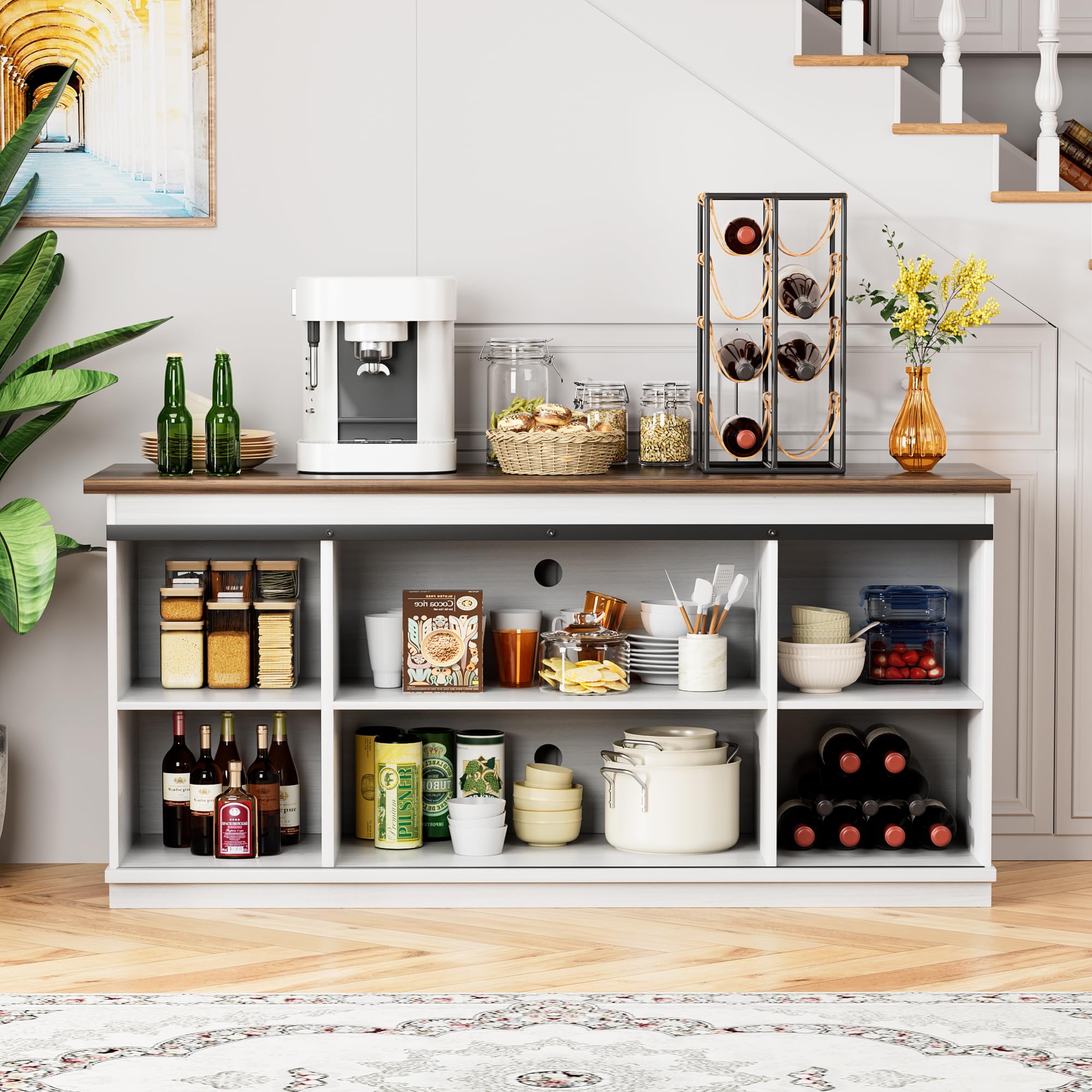 Shahoo Farmhouse Sideboard Buffet Cabinet, Coffee Bar Storage with Sliding Barn Doors, Shelf for Home Dining Room, White