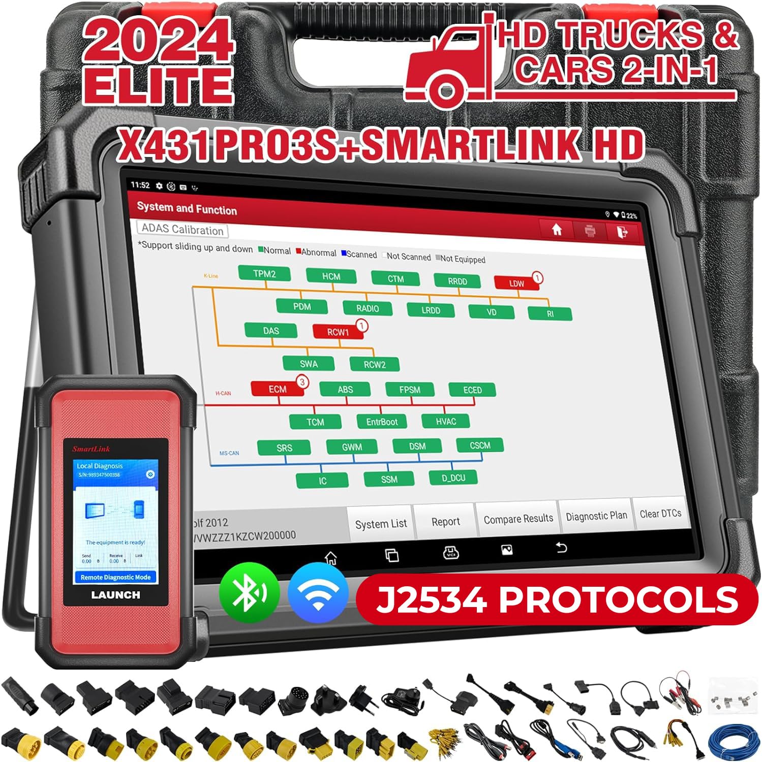 LAUNCH X431 PRO3S+Smartlink HD Heavy Duty Truck Scanner,2024 Top Diesel&Gasoline Bidirectional Diagnostic Scan Tool with J2534 Reprogramming,Topology Map,60+Service,ECU Coding,CANFD &DOIP,Free Update