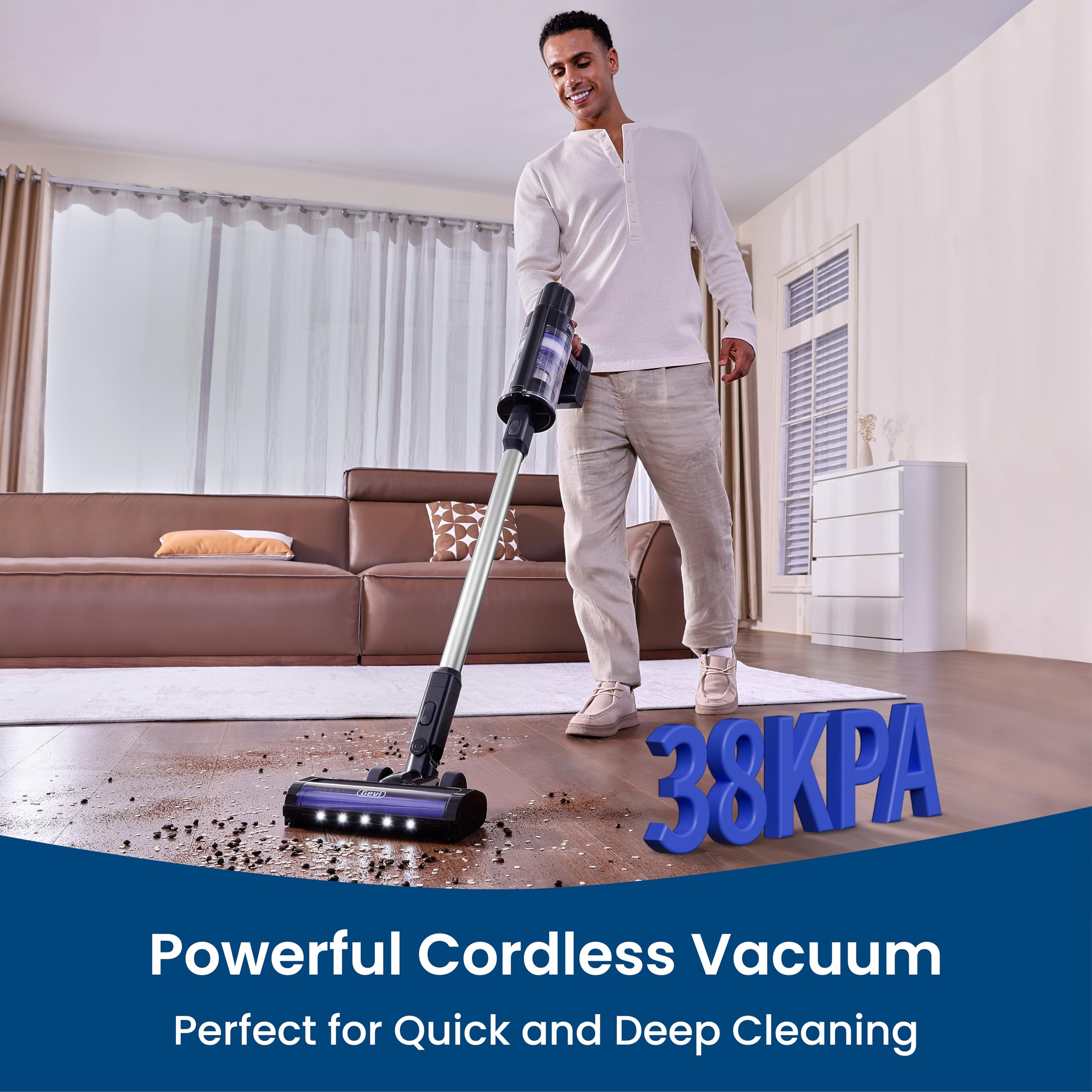 Gevi Cordless Vacuum Cleaner, Up to 100mins Rechargeable Battery, 500W 38KPA Powerful Suction Vacuum with LED Screen and XL Dust Cup, 6 in 1 Stick Vacuum for Carpet and Hard Floor, Pet Hair, Car