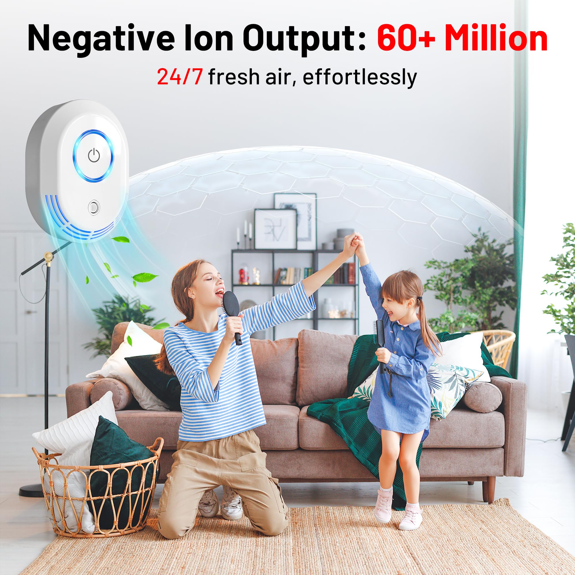 Plug in Air Ionizers 60 Million Negative Ions Out Put, 2 in 1 Ozone Odor Eliminator and Air Ionizers for Home, Kitchen, Bedroom, Office, Mini Air Cleaner for Dust, Smoke, Pets, 2 Pack