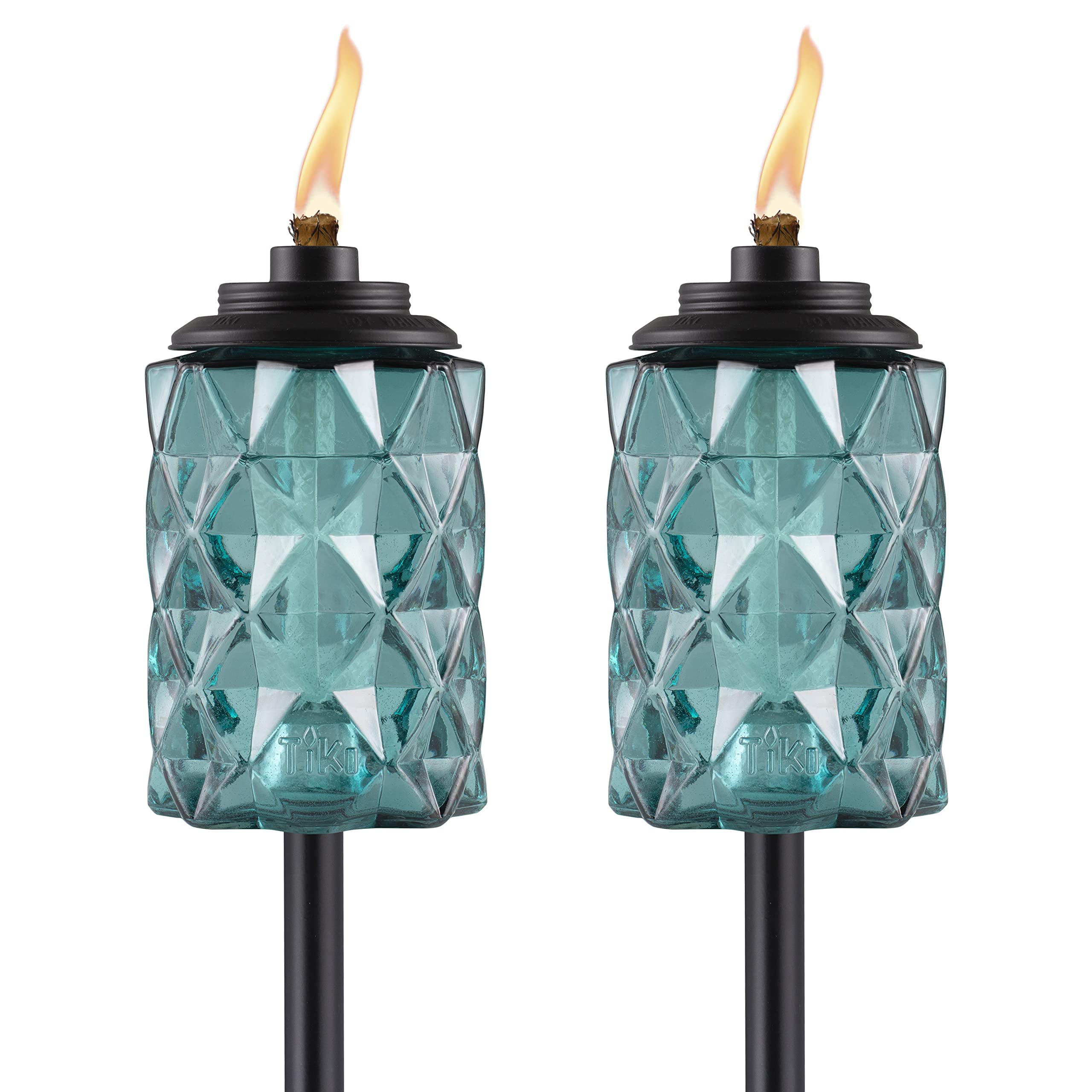 TIKI Brand 2-Pack Topaz Blue Glass Easy Install Tiki Torch, Outdoor Decorative Lighting for Lawn Patio Backyard, 65 Inch, Blue, 1122125