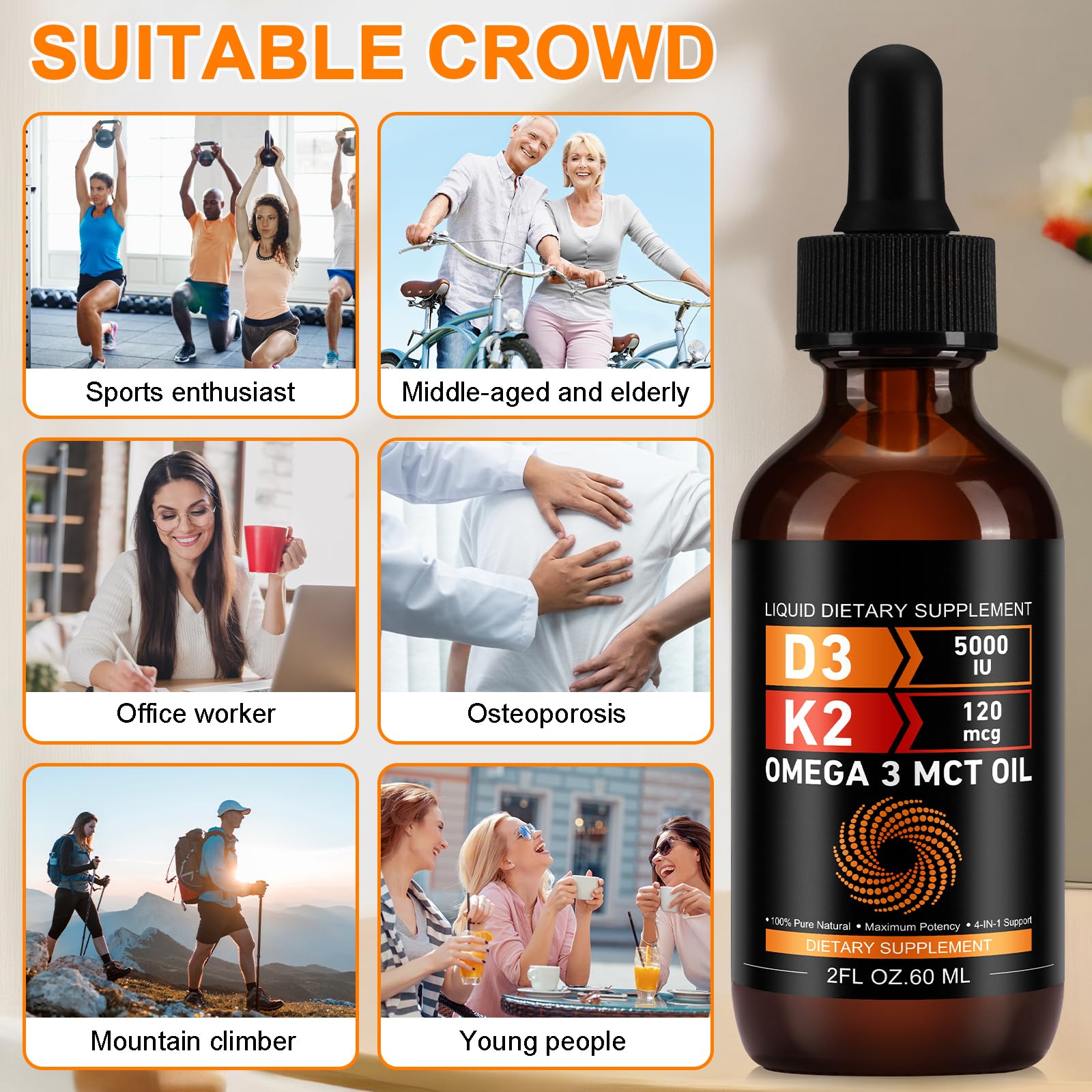 Vitamin D3 5000 IU & K2 (MK-7) 120 mcg 60ml Drops with MCT Oil Omega 3, Liquid Vitamin D3 & K2 Supplements - 2 Months Supply -Supports Bones, Teeth, Mood & Immune System, Calcium Absorption