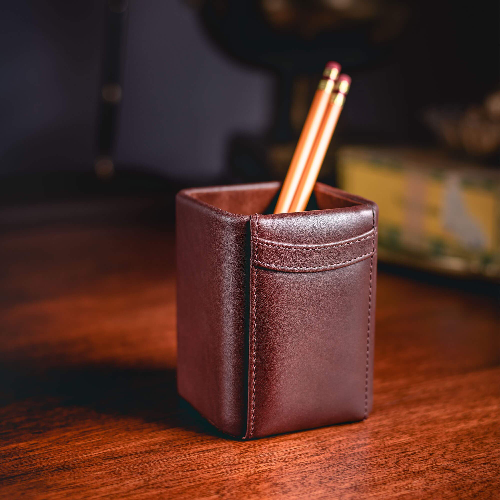 Dacasso Leather Luxury Cup Storage for Pens, Pencils, & Office Accessories, 3.25L X 3.25" W X 4.25" H, Chocolate Brown