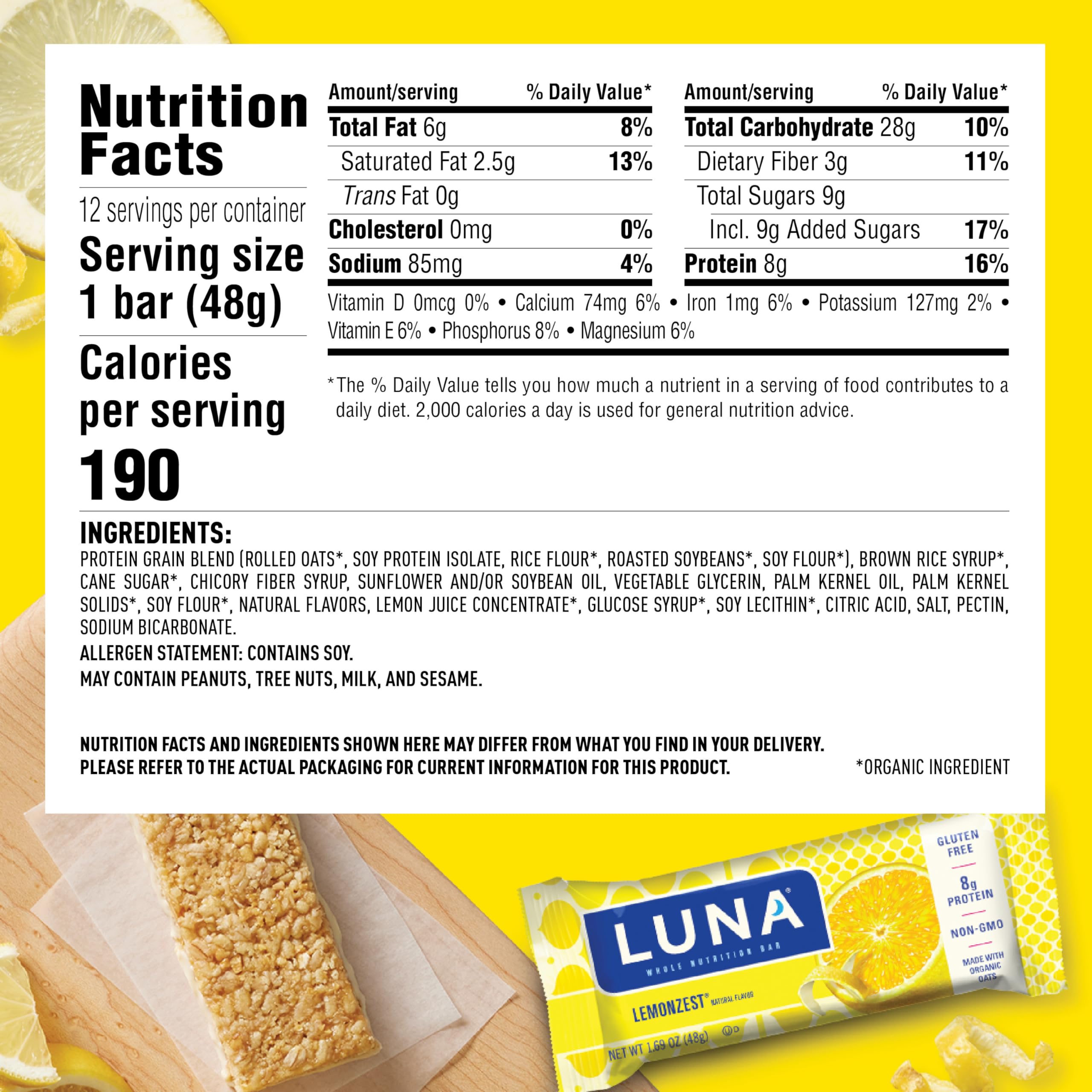 LUNA Bar - LemonZest Flavor - Gluten-Free - Non-GMO - 7-9g Protein - Made with Organic Oats - Low Glycemic - Whole Nutrition Snack Bars - 1.69 oz. (12 Pack)