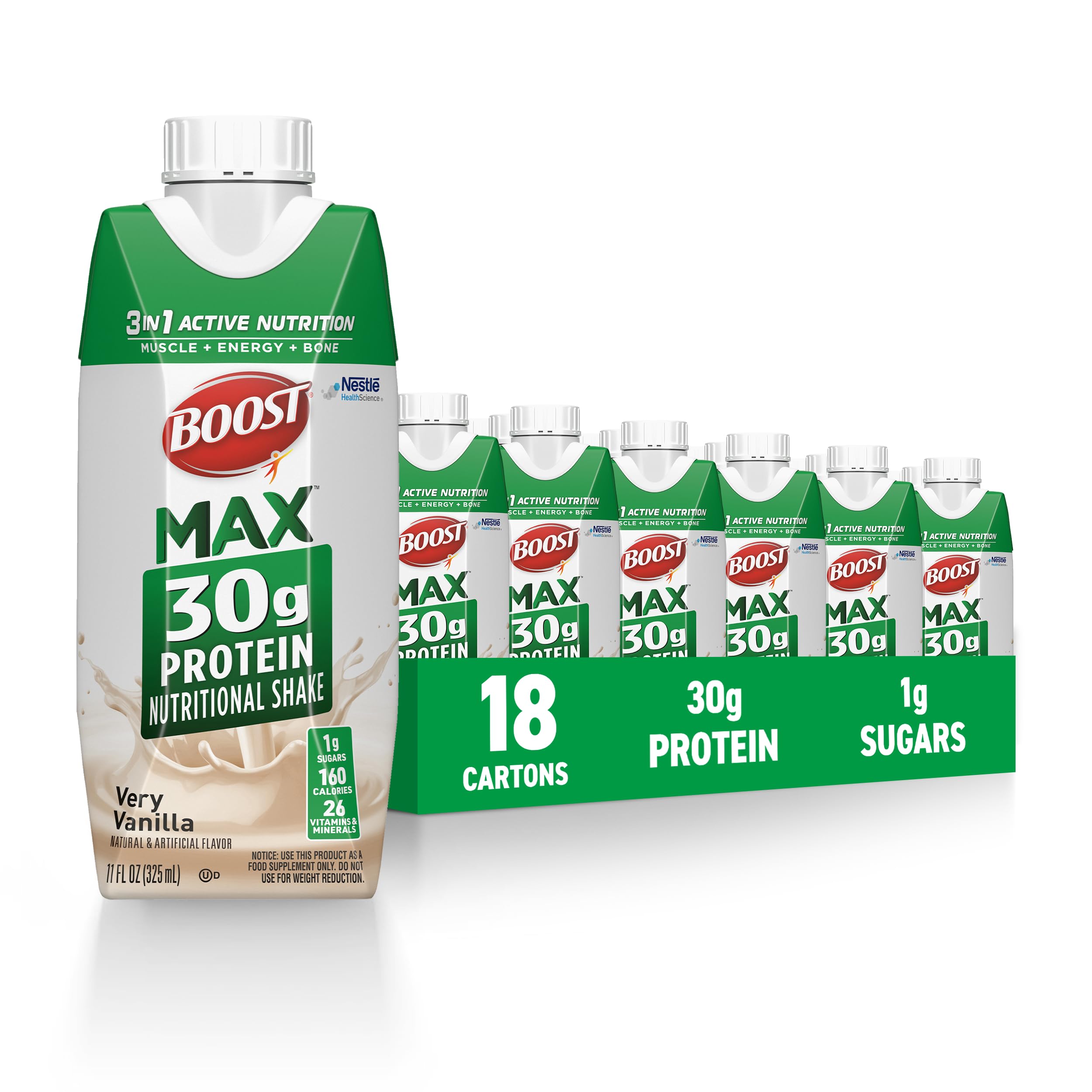 BOOST MAX Protein Shakes Ready to Drink - 30g High Protein Shake - Vanilla | Nutritional Drinks to Support Muscle Recovery After Exercise, 26 Vitamins & Minerals, 1g Sugar, 11 fl oz (Pack of 18)