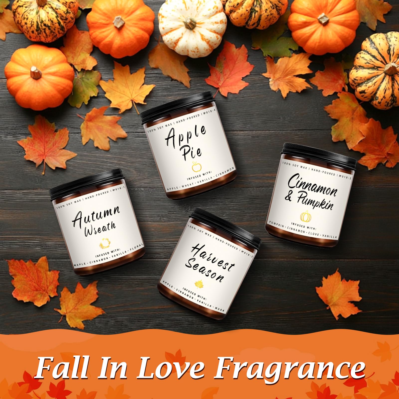 Winter Fall Candle Set | 4 Pack Christmas Fall Candles for Home - Christmas Gifts for Women Men, Fall Holiday Soy Candles | Holiday Celebration Scents of - Apple Pie/Cinnamon/Harvest/Wreath