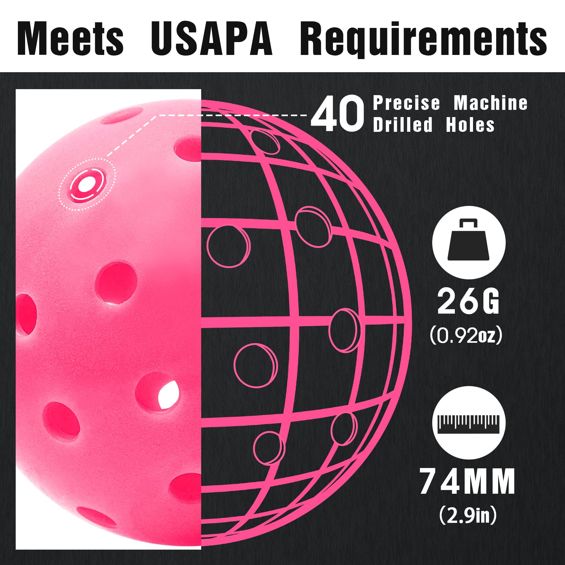 Vvinca Outdoor Pickleball Balls 6 Packs, Meet USAPA Requirement 40 Holes Pickleball, Pink