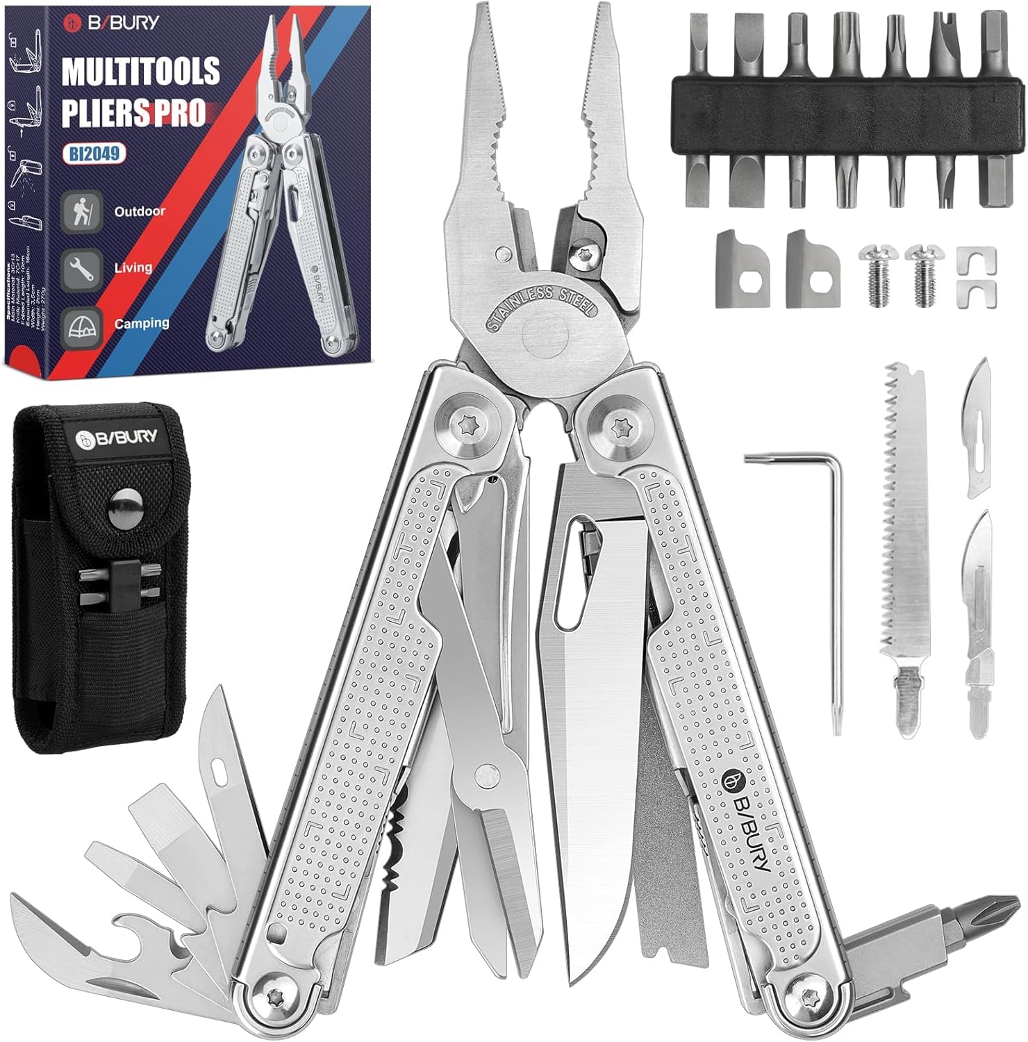 BIBURY Multitools Pliers Pro BI2049, Multi Tool Foldable Pliers with Large Saw Blade, Wire Cutters, Upgraded Multi Tool w/Scissors and Screwdirver Set, Ideal for Camping, Outdoor Survival, Repairing