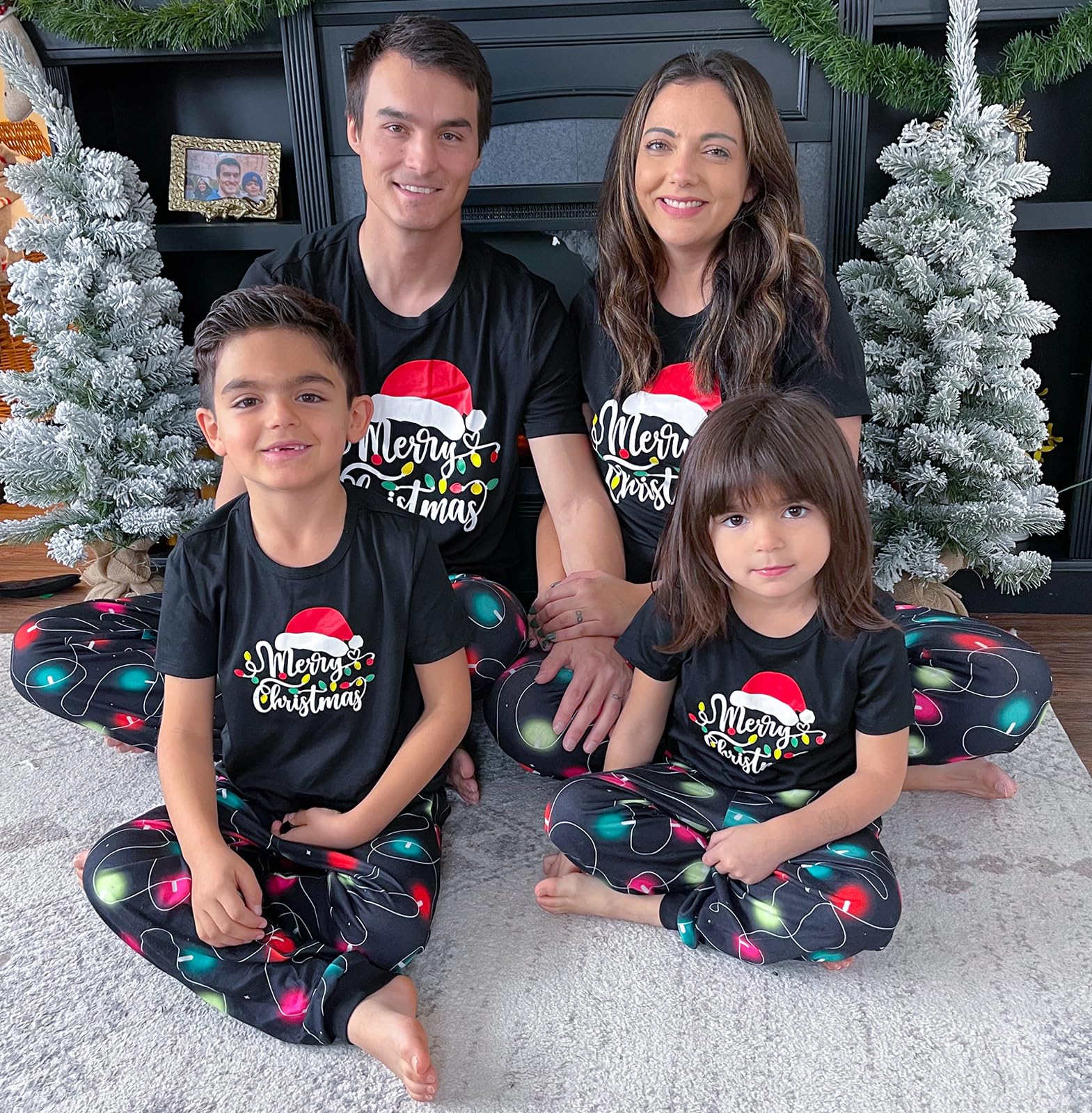 IFFEI Christmas Pajamas for Family Letter Print Matching Holiday PJ's Sets with Short Sleeve Tee and Pants Loungewear Women M Black