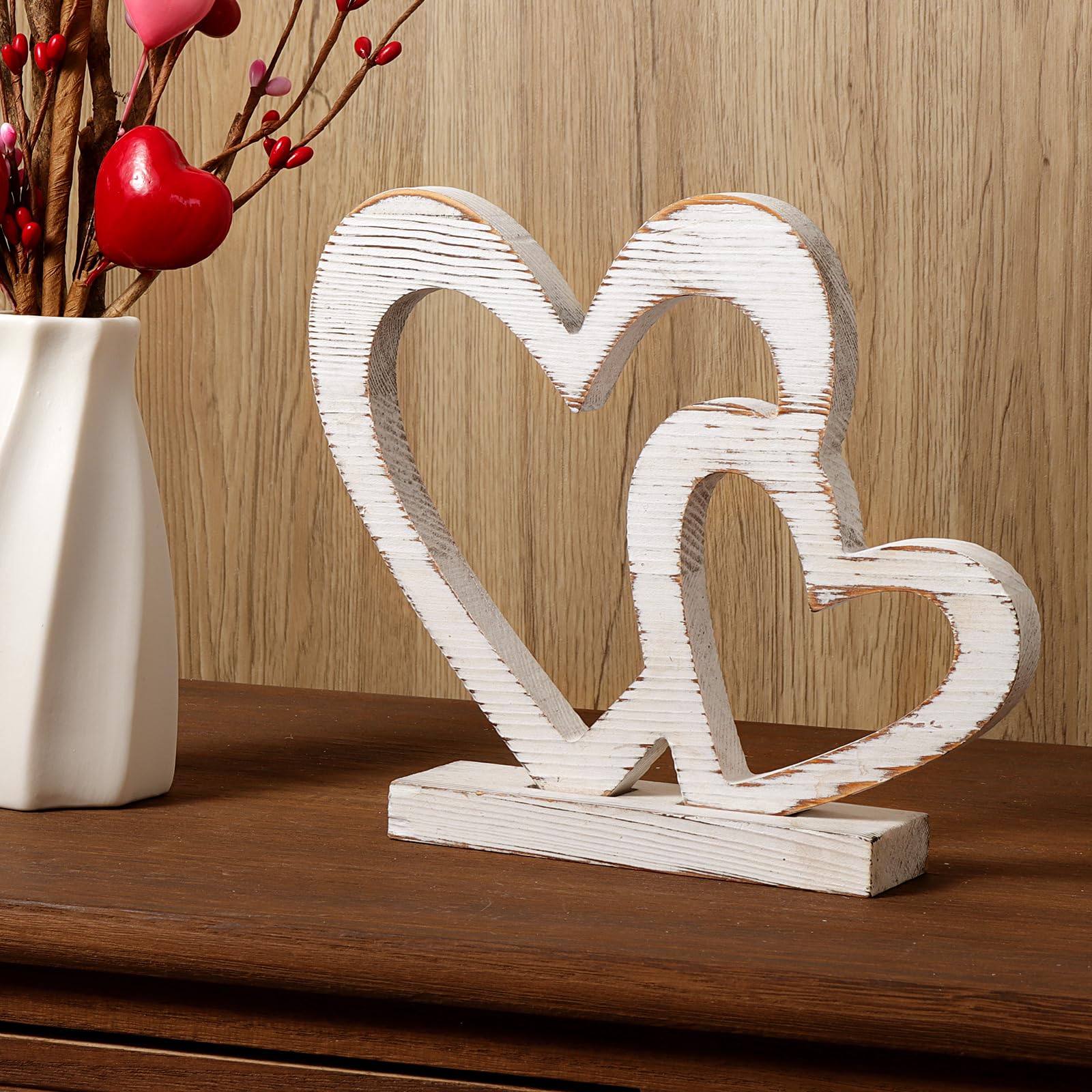 Pawliss Valentines Day Decor, 2Pcs White Rustic Wooden Valentines Decorations, Farmhouse Valentines Decor for the Home Family Table Decor Valentines Day Gifts