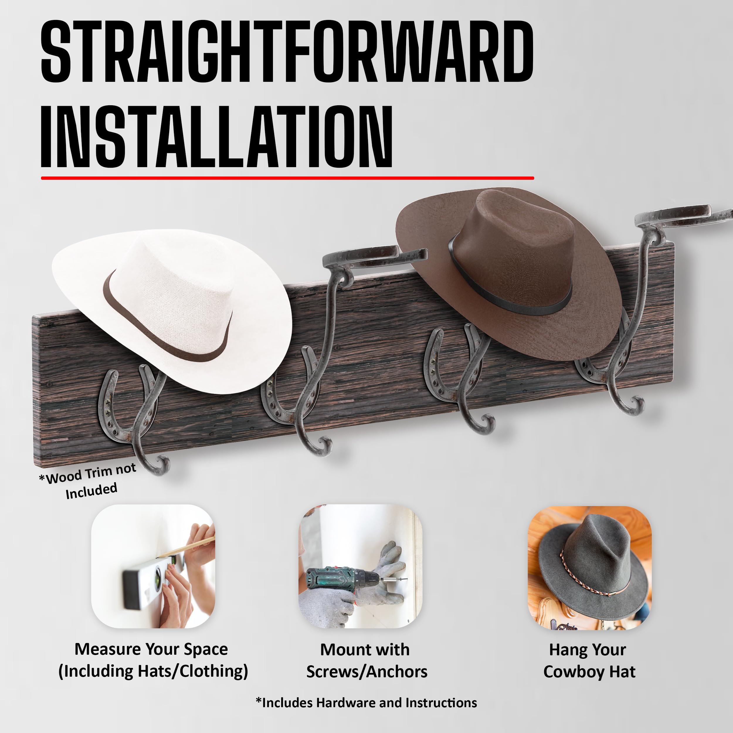 A.J. Boone Cowboy Hat Rack - Set of 2 Decorative Wall-Mounted Holder - Heavy-Duty Iron Hanger and Organizer DIY Kit for Hats, Coats and Keys - Rustic Western Horseshoe Hooks for Storage and Display