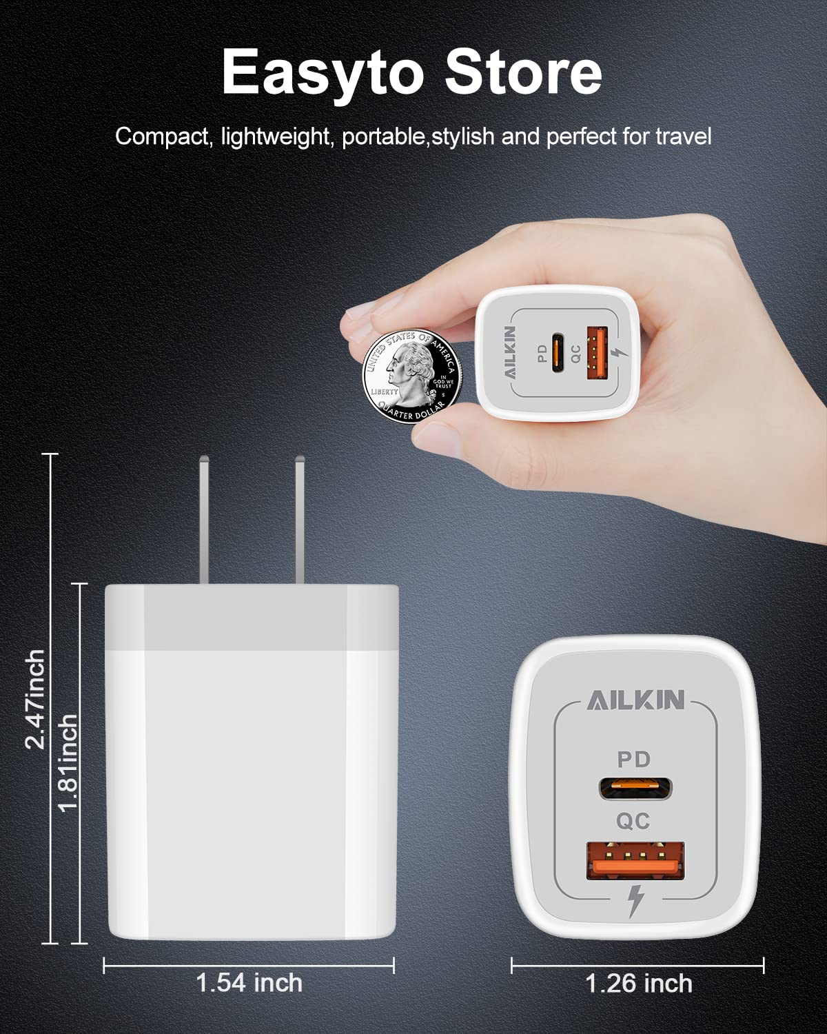 3Pack Dual Port USB-C Wall Plug-in USB Charger, AILKIN 20W Power Delivery + QC3.0 USB A Double Port Fast Charging Block for iPhone 15 14 13 12 Pro Max 14 Pro 12 Mini 16 Pro Max 16 Plus 16 SE X XS Cube