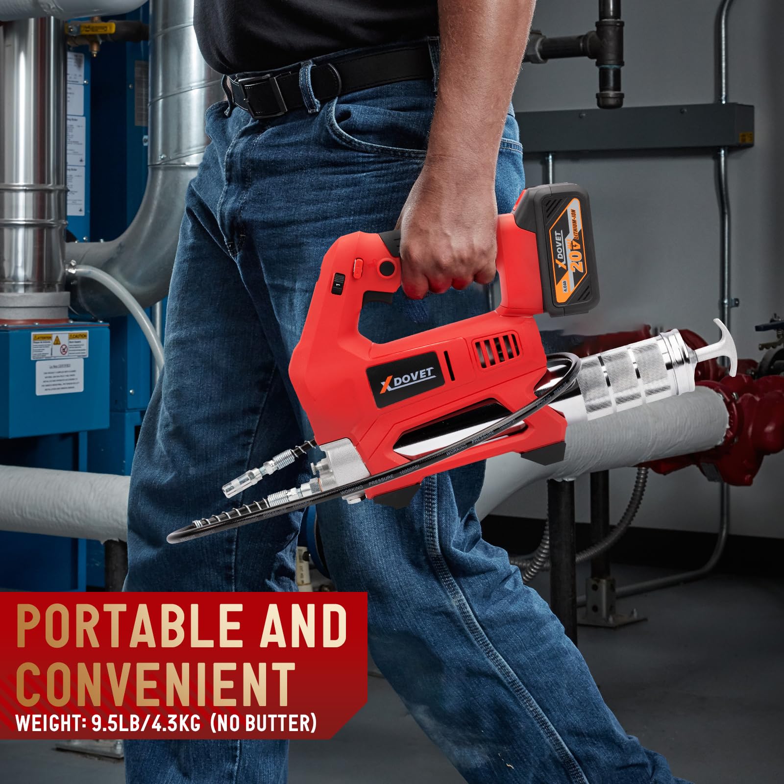 XDOVET Cordless Grease Gun Battery Powered 18V Professional Electric Grease Gun Kit with 10000 PSI Maximum Grease Capacity 14 OZ with 30-inch Flexible Hose 4 Point Base