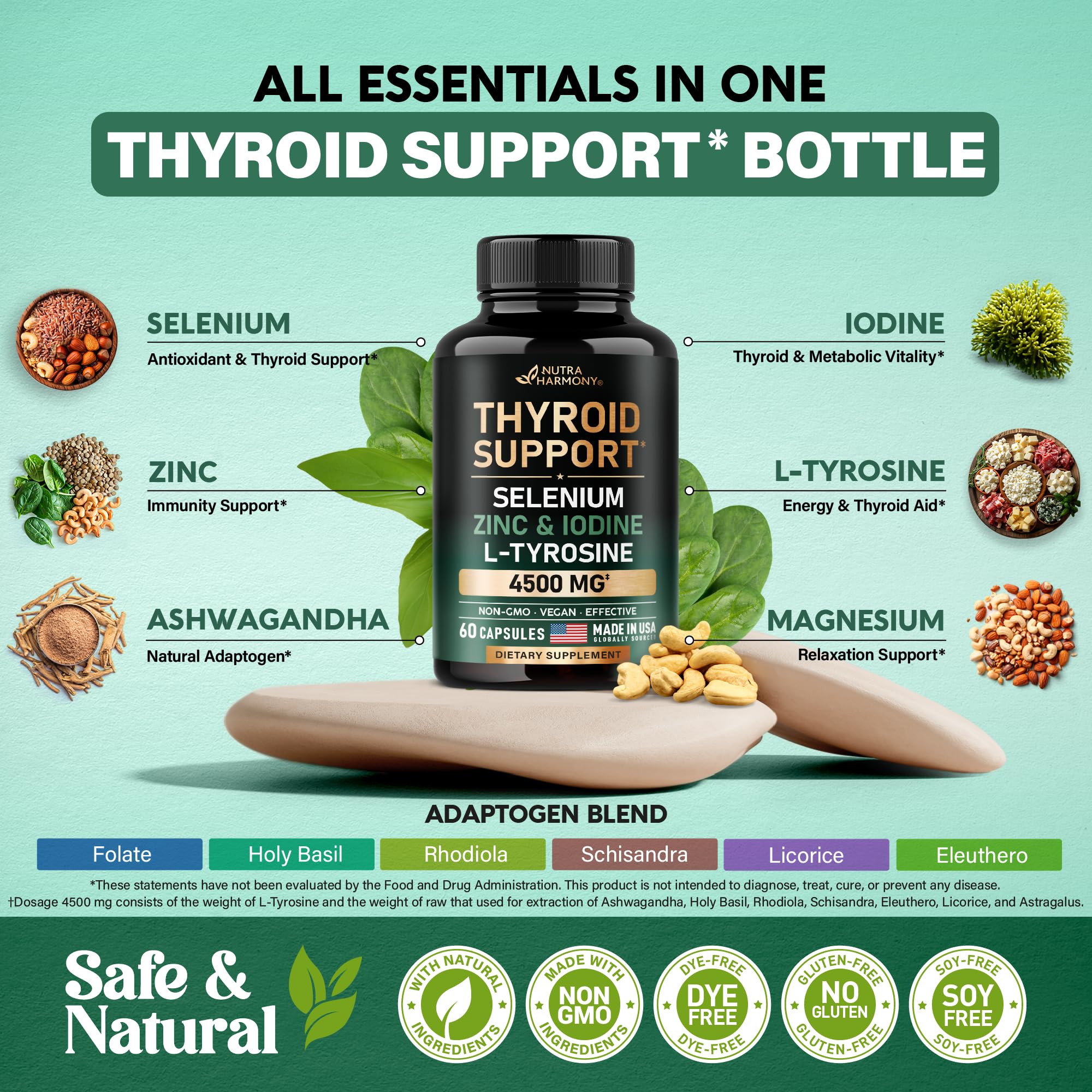 Thyroid Support for Women - Selenium 200 mcg | Zinc & Iodine | L-Tyrosine | Magnesium | Adaptogen Herbs - 20-in-1 Antioxidant & Immune Support - Vegan, Non-GMO, Lab Tested - 60 Capsules, Made in USA
