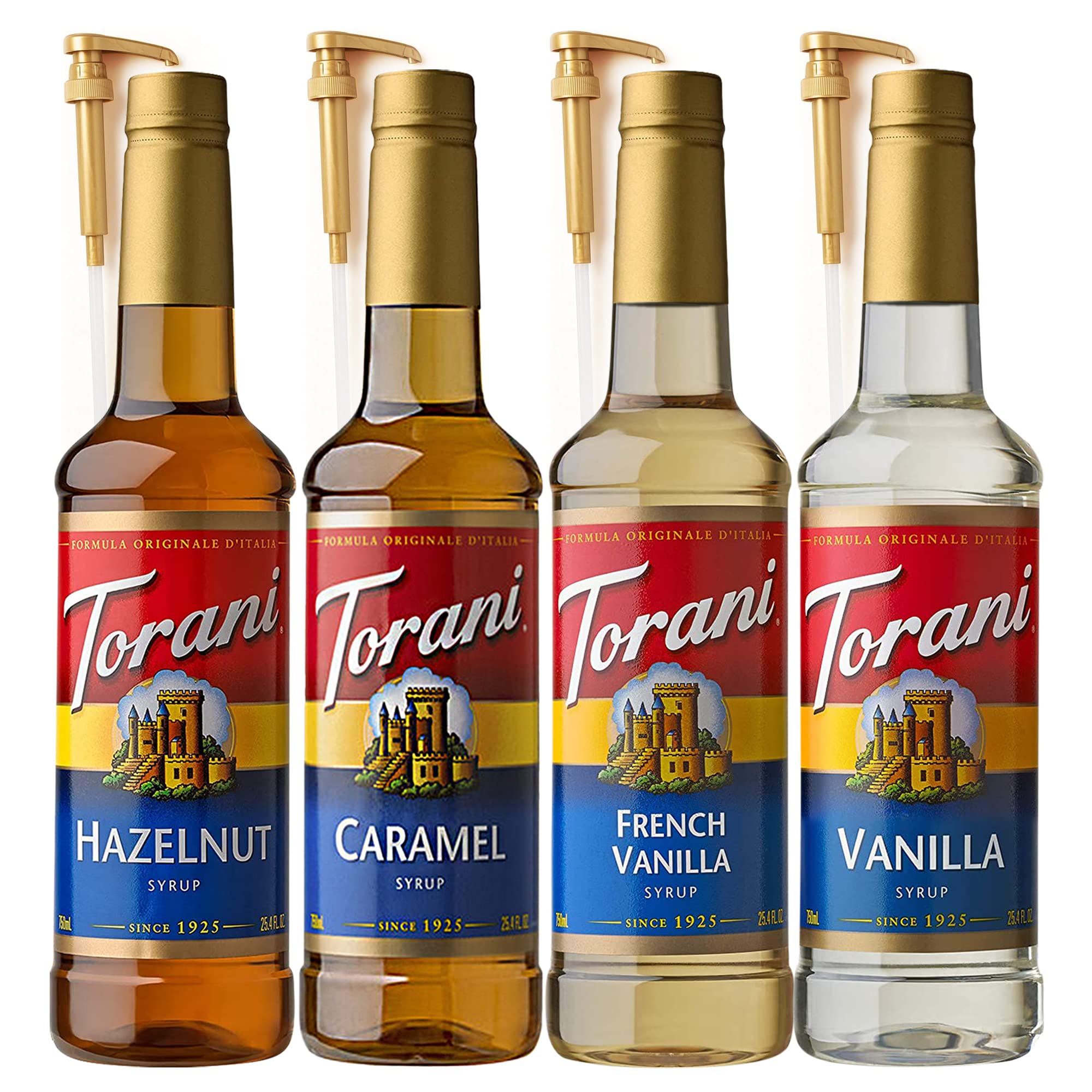 Coffee Syrup Variety Pack Caramel, French Vanilla, Vanilla & Hazelnut Syrup for Coffee with 4 Fresh Finest Syrup Pumps Dispenser Compatible with Syrup 25.4 Ounces
