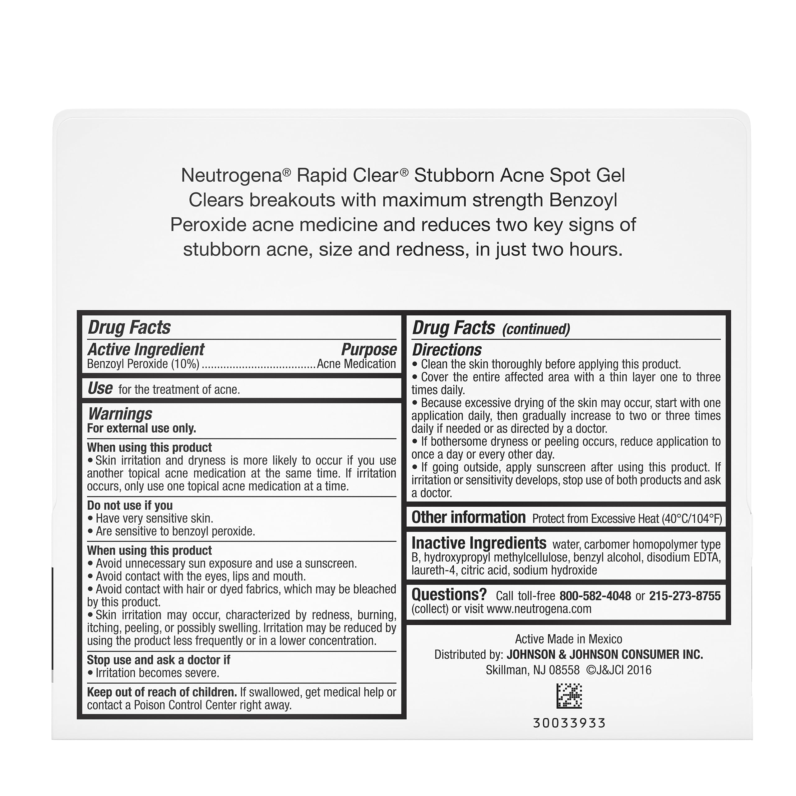 Neutrogena Rapid Clear Stubborn Acne Spot Treatment Gel with Maximum Strength 10% Benzoyl Peroxide Acne Treatment Medication, Pimple Cream for Acne Prone Skin Care, Twin Pack, 2 x 1 oz