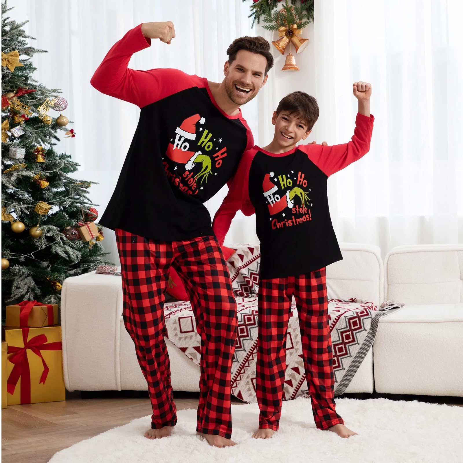 Manooby Matching Christmas Pajamas For Family Xmas Holiday Pjs Funny Elf Plaid Sleepwear Soft Outfit Sets For Women/Men/Couples/Adult 2024,A- HOHO Red,3 M