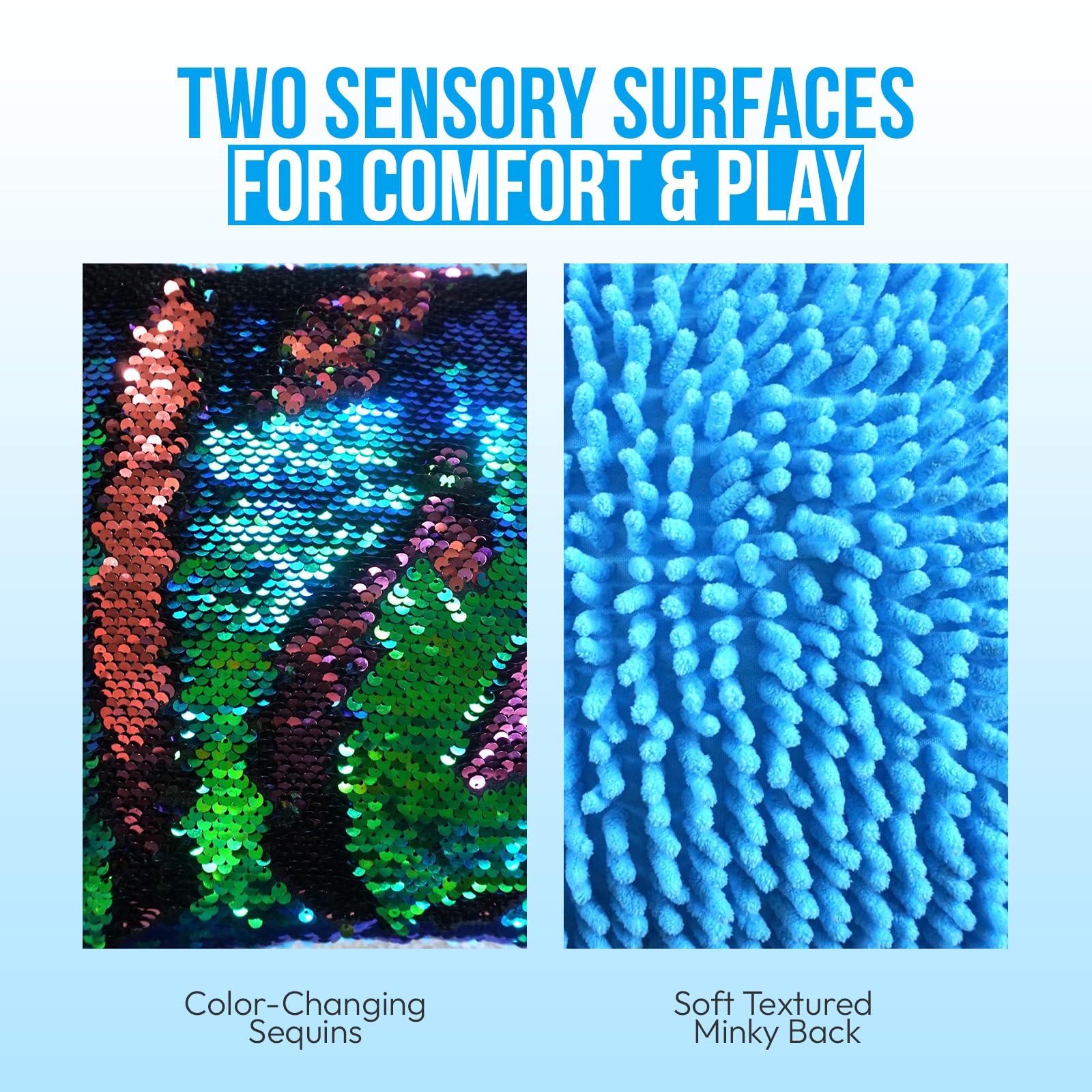 Vibrating Sensory Pillow for Kids – 12x12 Soft Calming Pillow for Sensory Rooms, Special Needs & Autism-Friendly Spaces – Textured Minky & Sequin Sensory Toy
