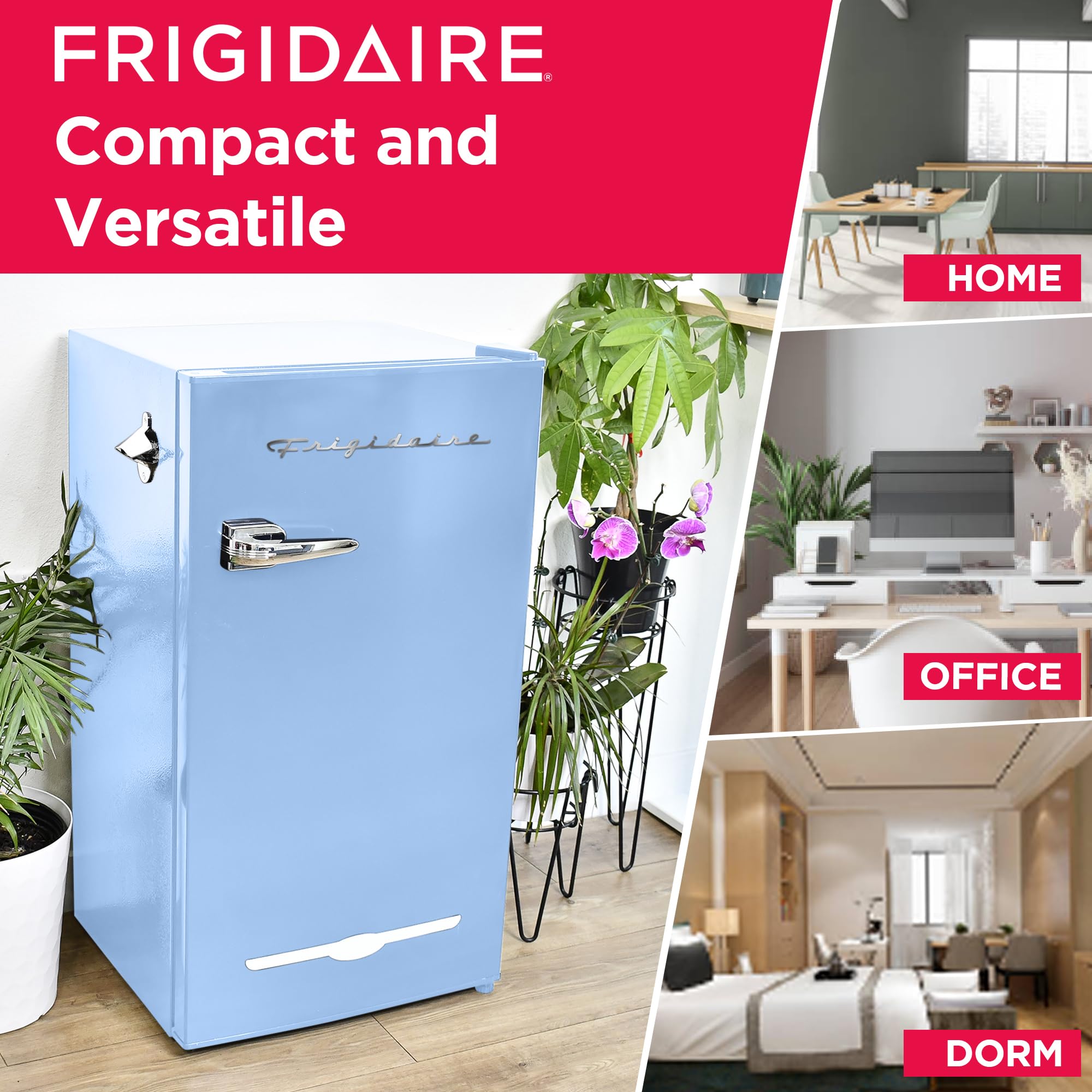 Frigidaire Retro Compact Fridge with Chiller, 3.2 cu ft Countertop Fridge with Built-In Bottle Opener, Compact Refrigerator for Office, Bedroom, Dorm Room or Cabin - 16.5"D x 19"W x 31"H (Blue)