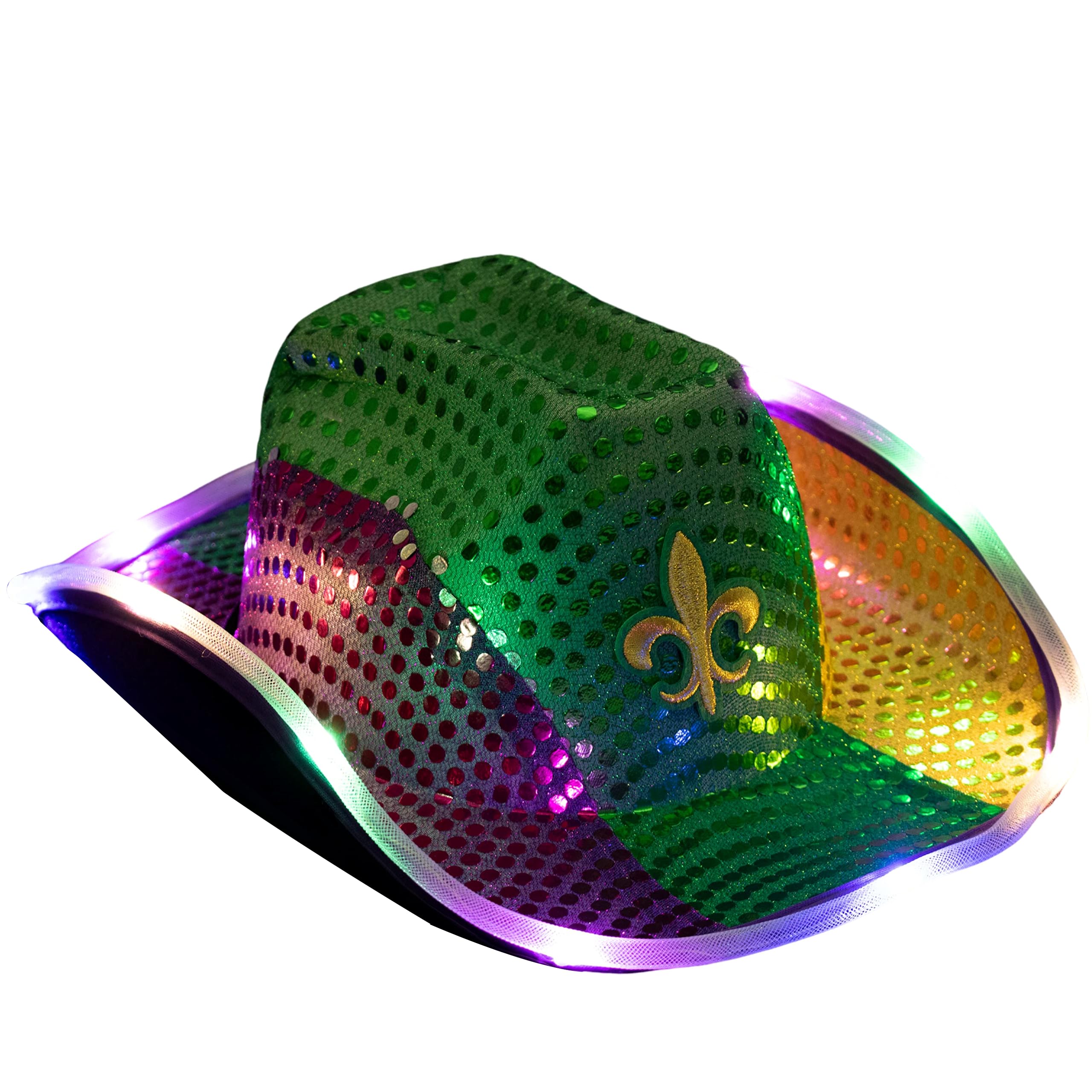 GiftExpress Adult LED Light-Up Sequin Cowboy Hat, Mardi Gras Costume Accessory, Shiny Purple, Green and Gold Colors