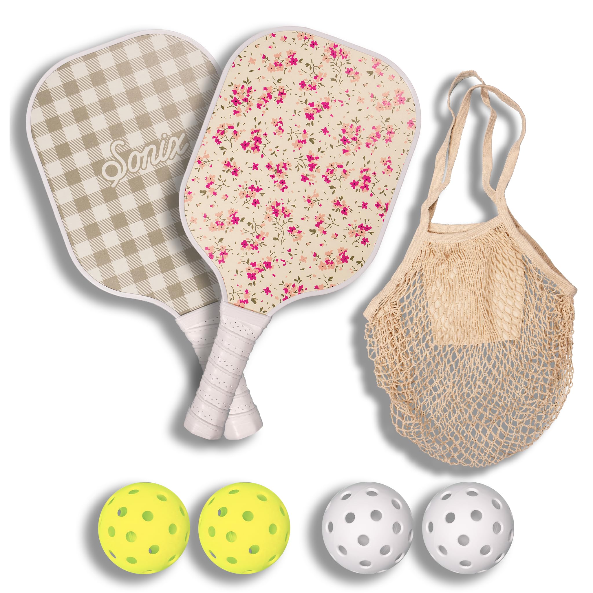 Sonix | Pickleball Paddles Set of 2 | Fiberglass Surface Pickleball Set with 2 Rackets, 4 Balls, & 1 Net Carrying Bag | Cottage Floral