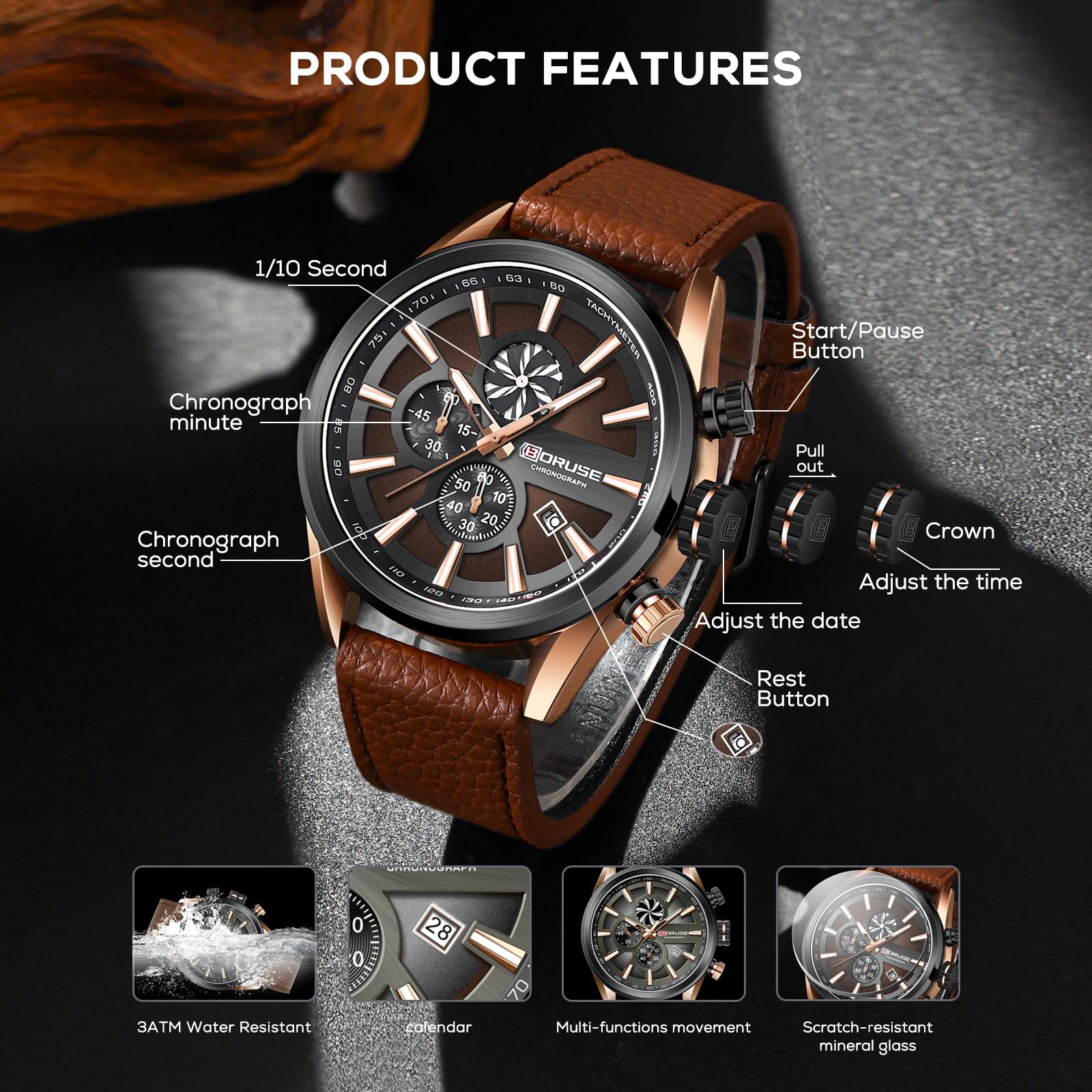 BORUSE Leather Watches for Men Chronograph Waterproof Quartz Watch Fashion Business Sport Big Face Calendar Luminous Analog Wrist Watch for Mens