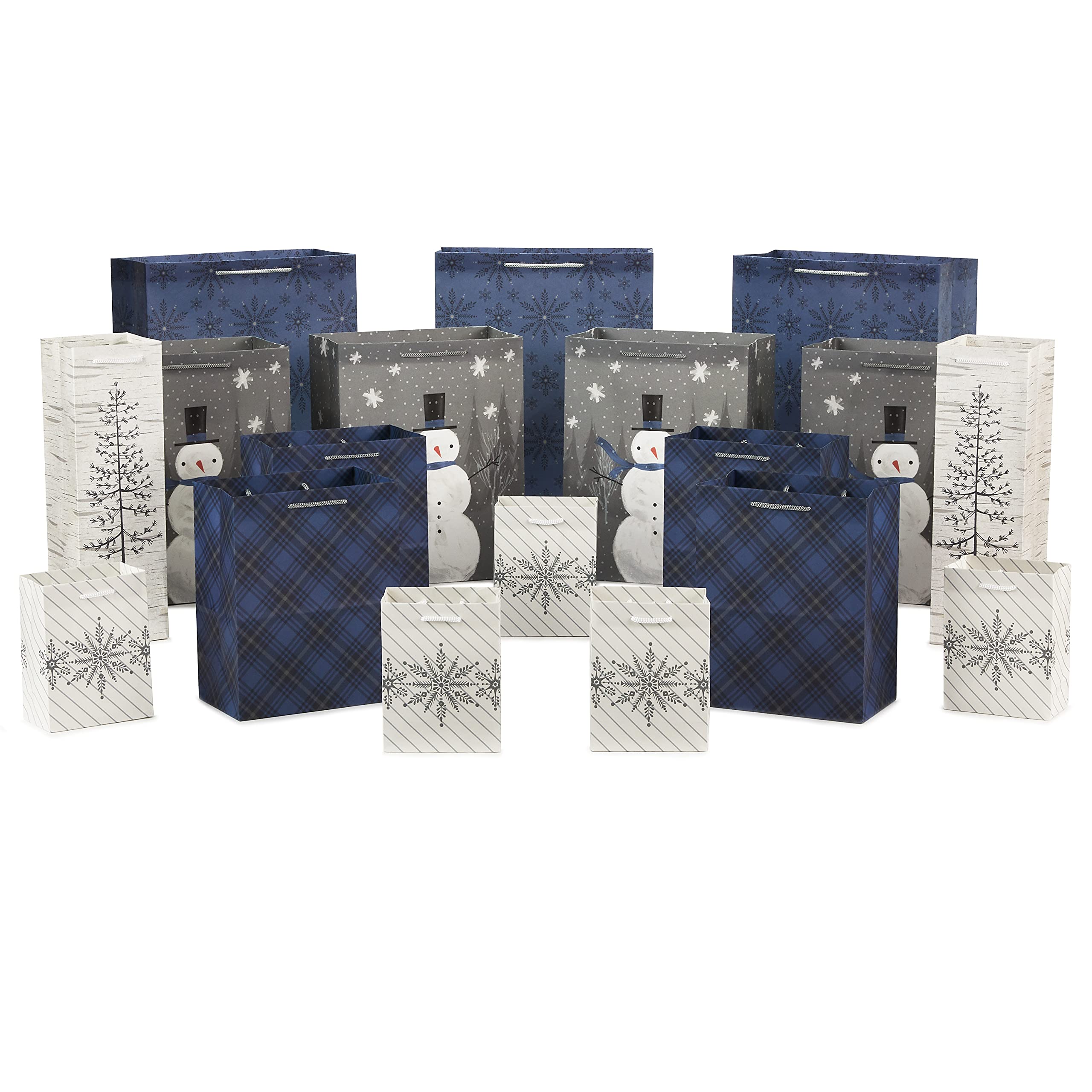 Hallmark Assorted Christmas Gift Bags Bulk - Snowflake, Tree, Snowman, Plaid (18 Gift Bags: 5 Small 5", 4 Medium 8", 4 Large 11", 3 XL 14", 2 Bottle Bags) for Holiday Parties, Hanukkah, Weddings