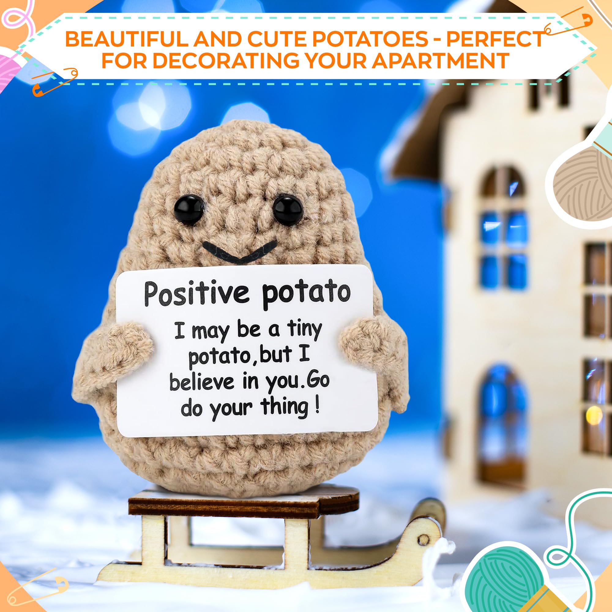 Handmade Crochet Positive Potato – 3.14x2.36 Inches Cute Mini Knitted Plush with Motivational Card, Funny Small Emotional Support Crochet, Inspirational Desk Decor, Unique Valentines Day Gifts for Him