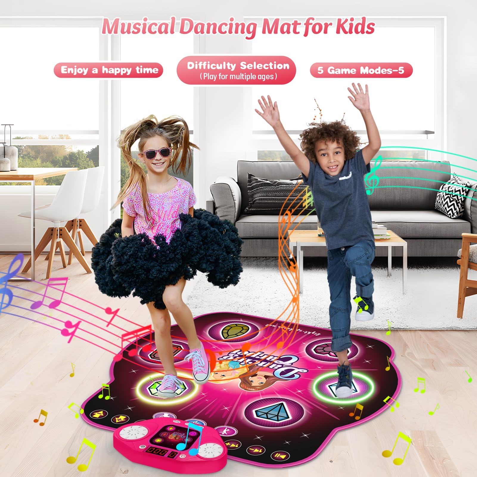 Dance Mat Toys for 3-12 Year Old Kids,Electronic Dance Pad with Light-up 6-Button & Wireless Bluetooth, 5 Game Modes Princess Dancing Mat, Birthday Xmas Gifts for 3 4 5 6 7 8 9 10+ Year Old Girls